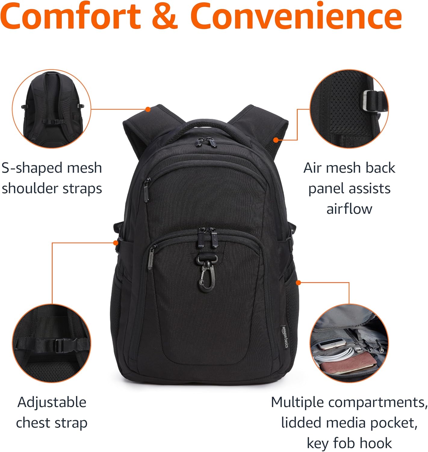Amazon Basics Travel Laptop Backpack for 15.6 inch Laptop, Black | for 15.6 inch Laptop