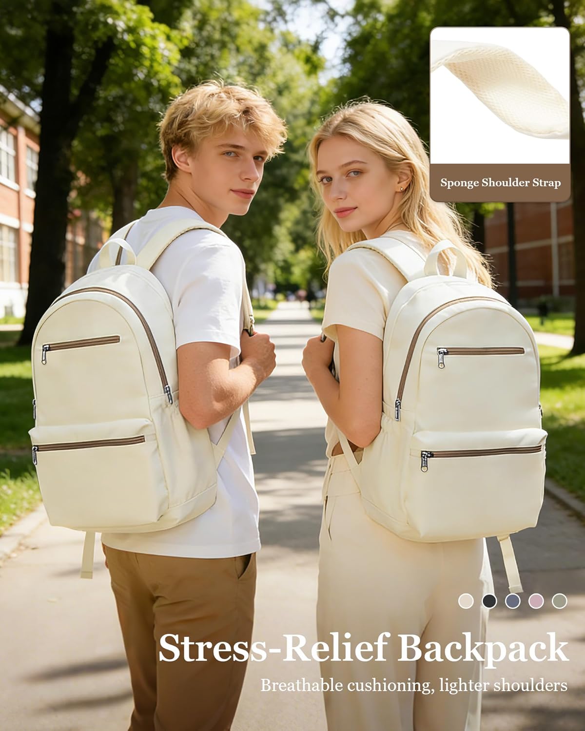 WEPOET Lightweight School Backpack for Women Men, Multi Pocket Backpack for College Students, Waterproof Middle School Bags, Simple Bookbag for Teens Girls Boys, Beige