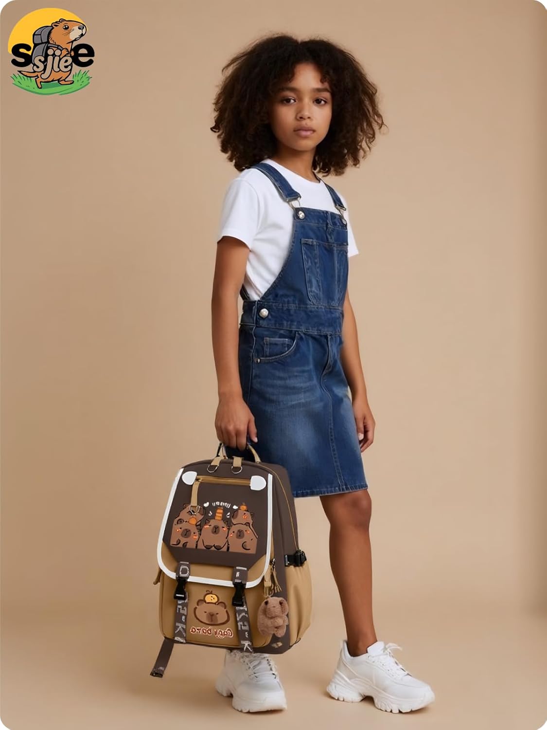 SJIE Waterproof Capybara Backpack，Large-capacity Kawaii capybara bag with 11-Piece Accessories (Badges, Pendants, Plush capybara, Stickers and others)