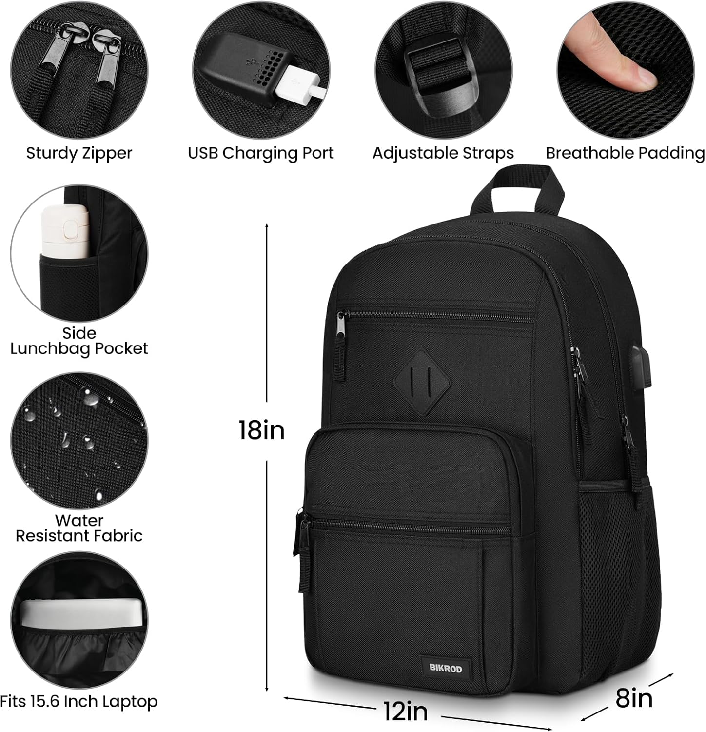 Black Backpack for Men and Women, Backpack for School Teens Boys and Girls, Lightweight Casual High School Bookbag, Daily-use Travel Laptop Backpack with USB Charging Port Fits 15.6 Inch Notebook