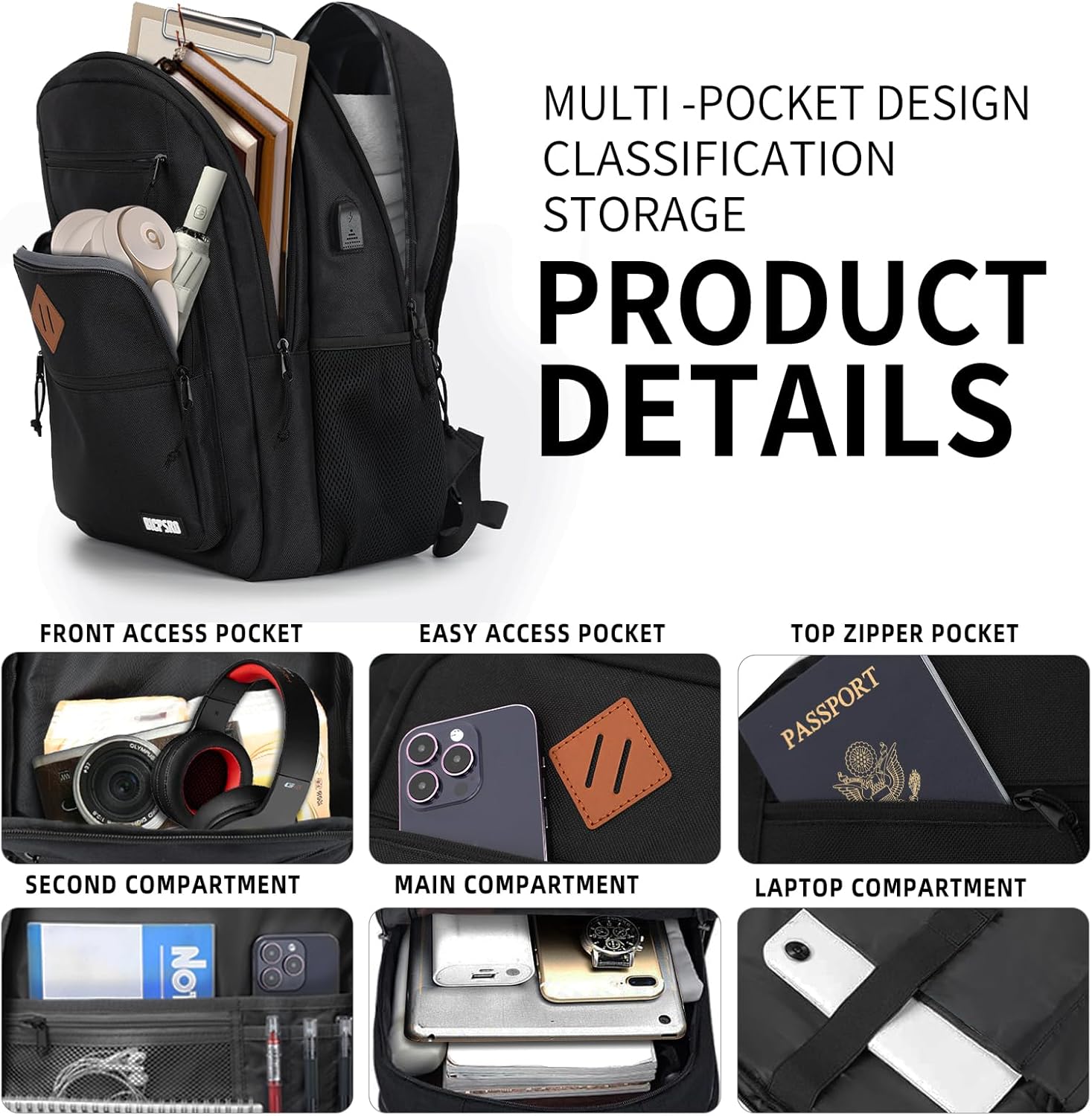 Black Backpack for Men, School Backpack for Boys Teens, 15.6 Inch Laptop backpack with USB Charger for College High Middle School Work Business Book Bag, boys backpack, Bookbag