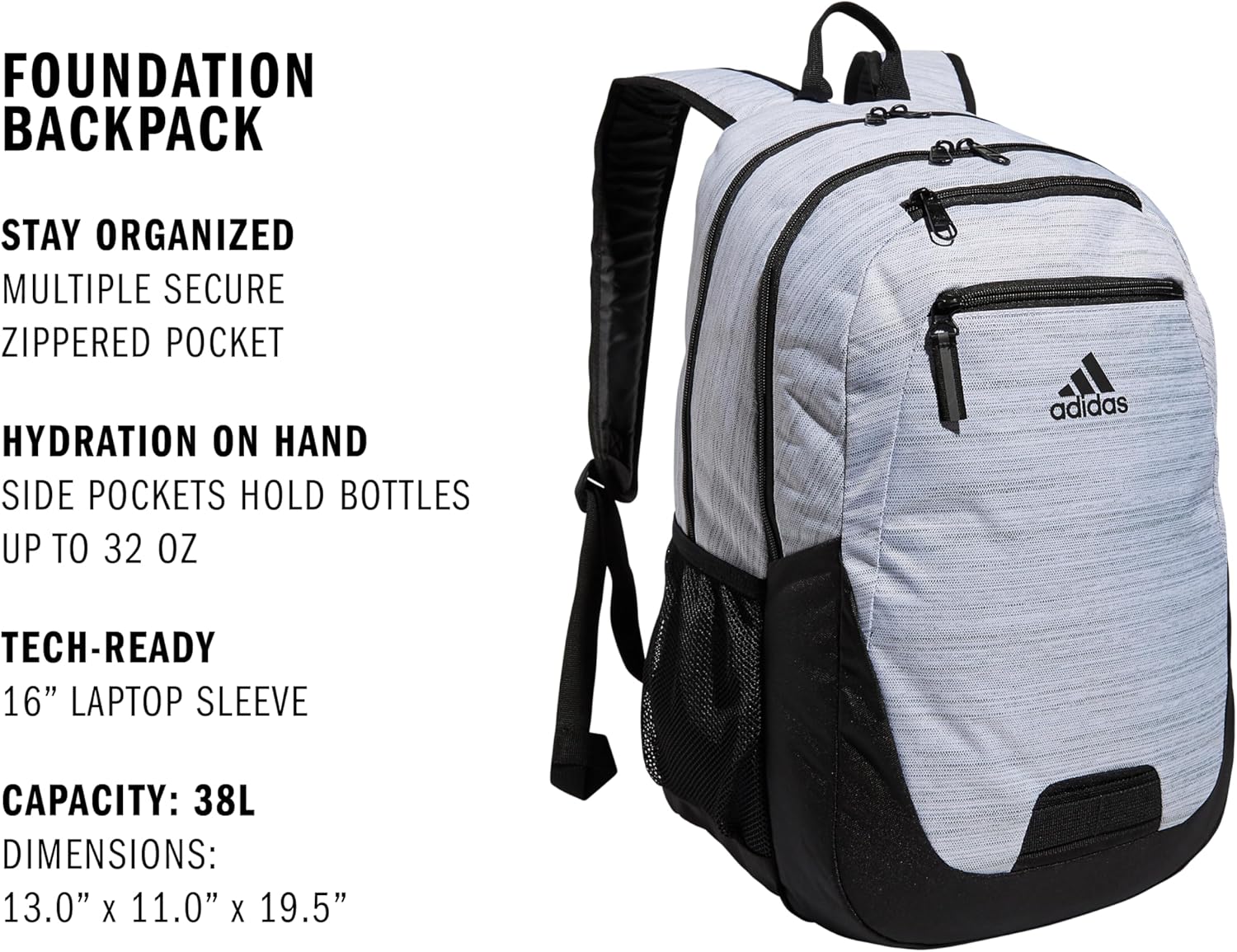 adidas Unisex Foundation Backpack for Laptop, Large Durable Athletic Gym Bag