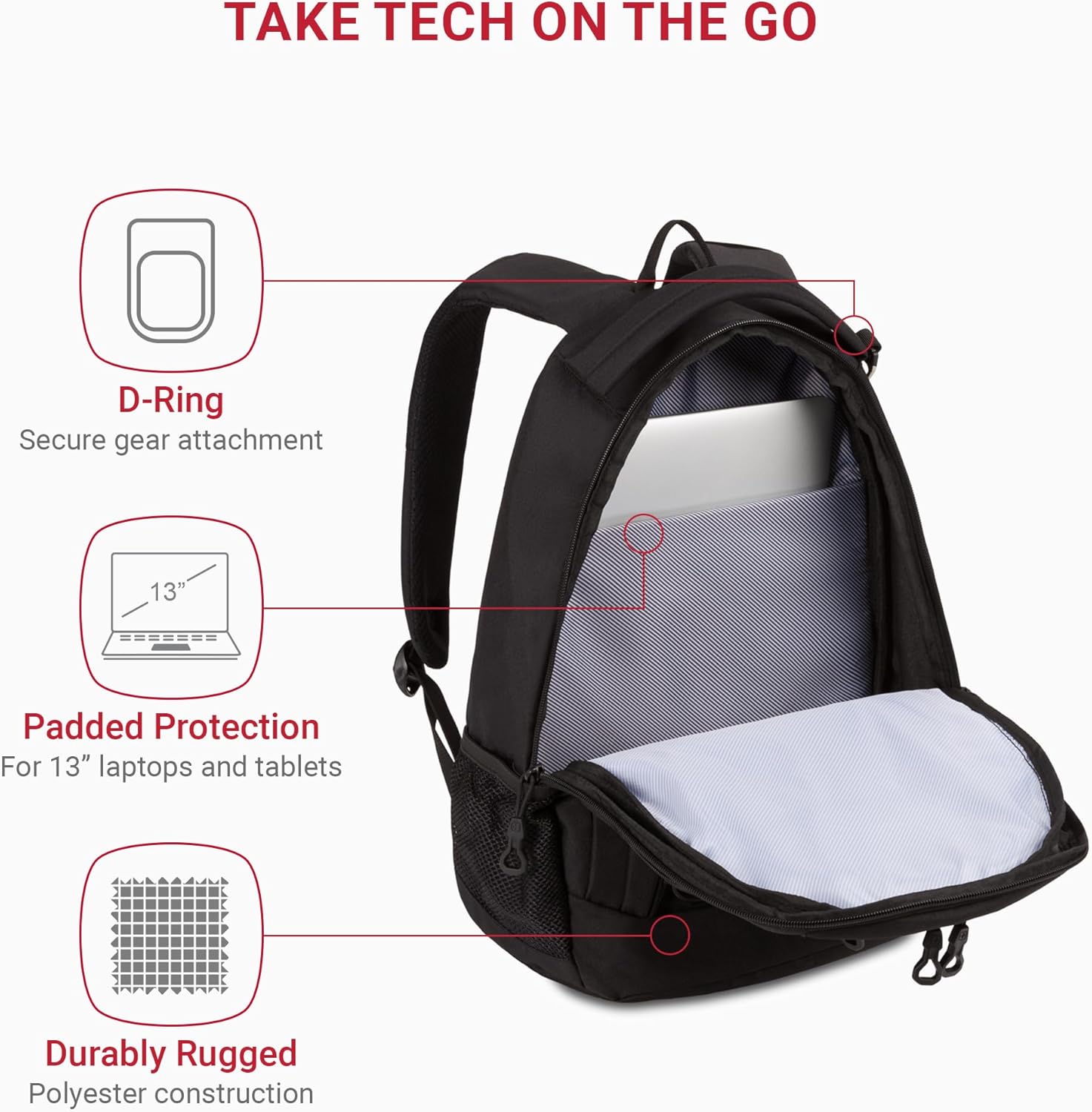 SwissGear 1186 Special Edition 13u201D Laptop Backpack Black u2013 Compact Tech Bag with Reflective Accents u2013 Multiple Organizer Pockets with Bungee Cords & D-ring Attachment Point