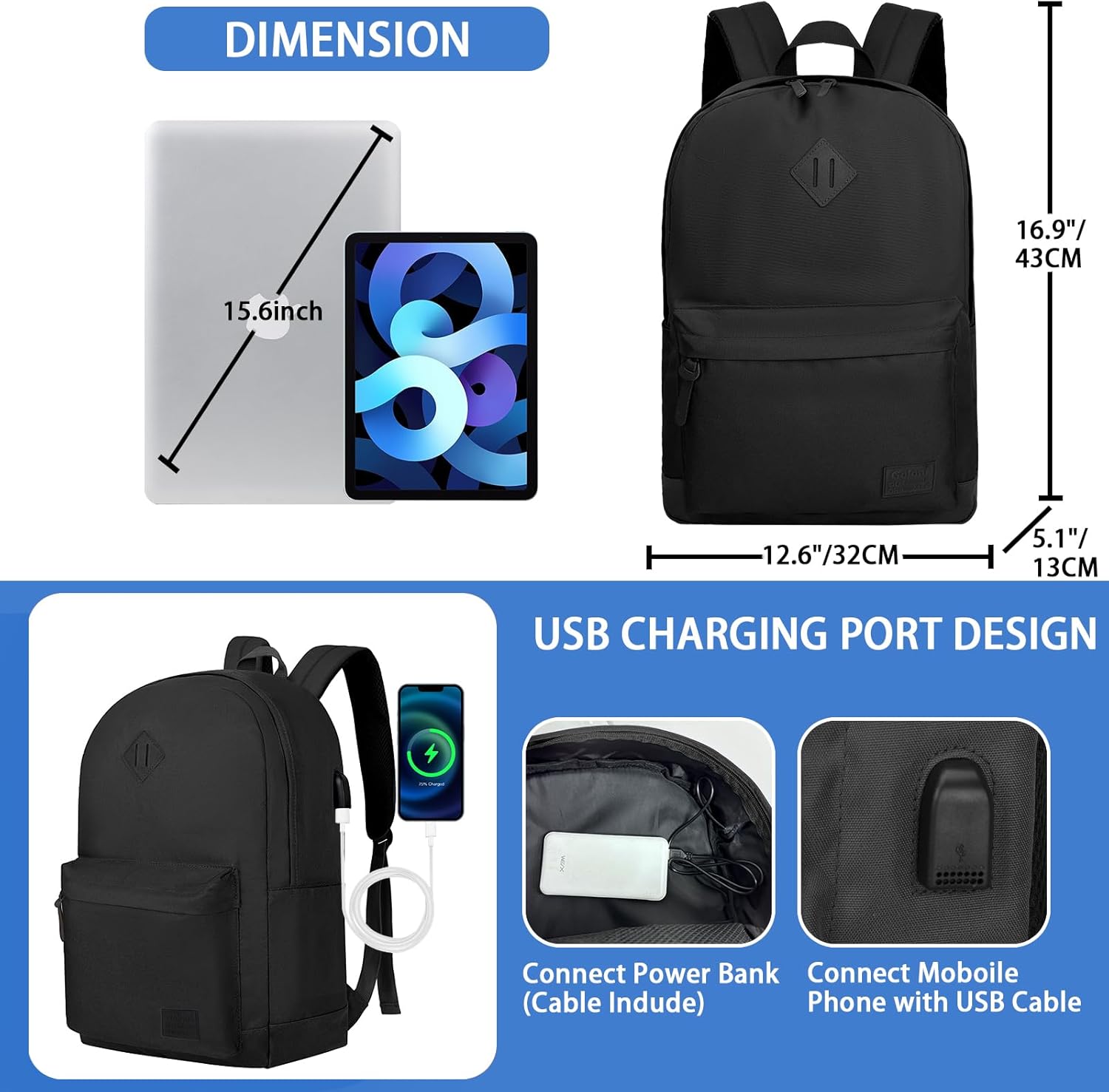 Goloni Classic Backpack with USB Charging Port,Water Resistant Travel Backpack for Men & Women,Laptop Backpack