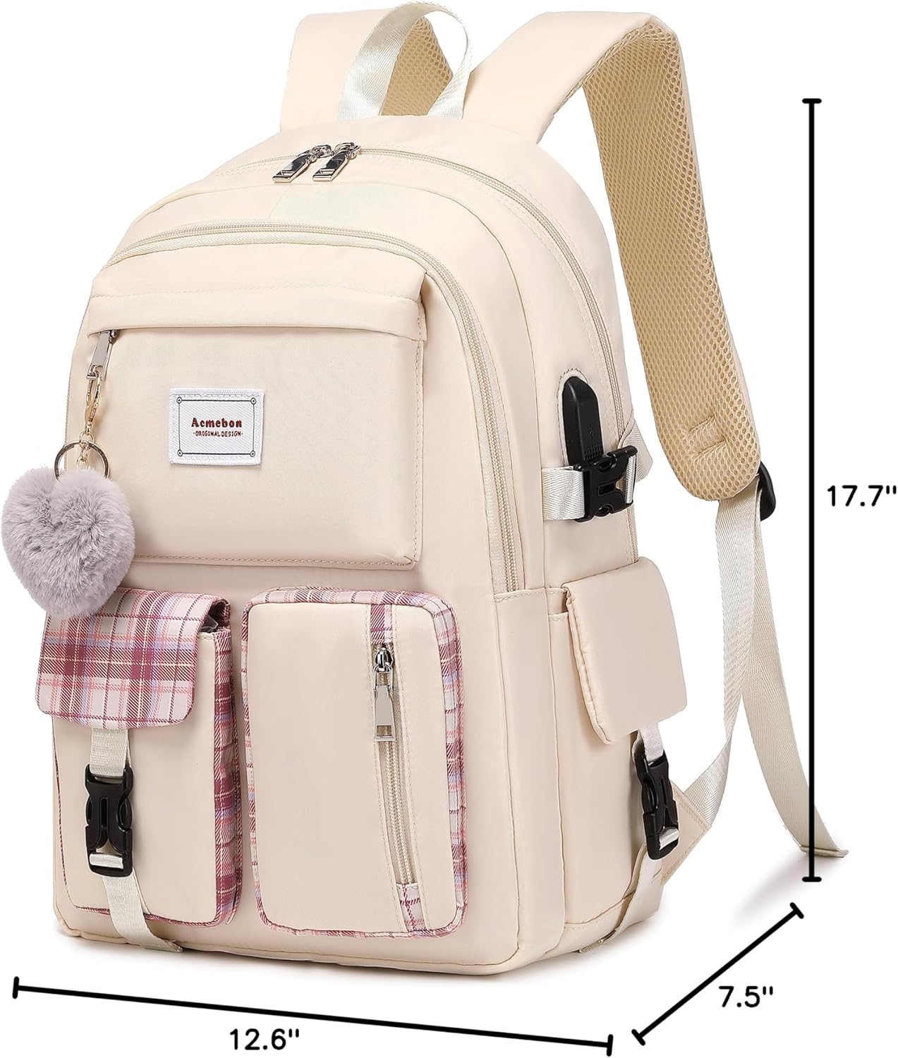 Acmebon Girl Roomy Fashion School Backpack Casual Daily Backpack for Women Cream