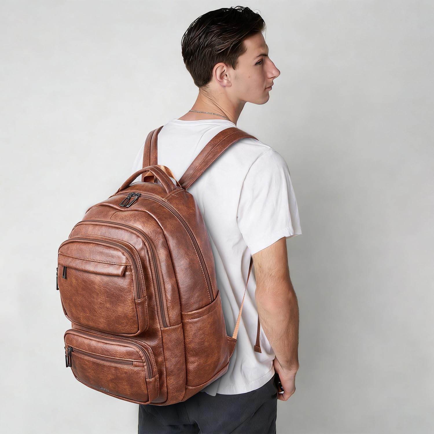 LATMAP 43L Backpack Purse For Women Men Leather Shoulder Diaper Bookbag Tote 17 16 15.6 Inch Laptop Bag Handbags For Travel Work College Large Brown