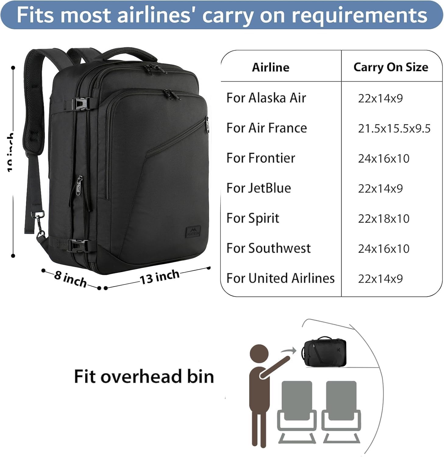MATEIN Carry on Backpack, Extra Large Travel Backpack Expandable Airplane Approved Weekender Bag for Men and Women, Water Resistant Lightweight Daypack for Flight 40L, Black