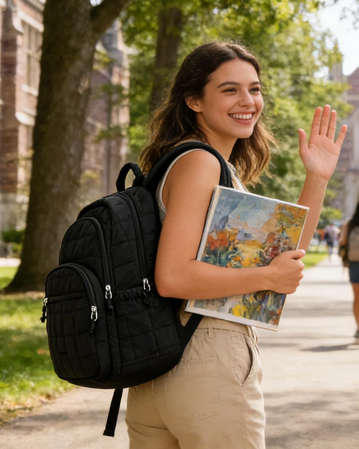 BAGSMART College Laptop Backpack, Travel Backpack for Women, Quilted Casual Daypack, Water-Resistant Bookbag for 15.6 Inch Laptop, Black