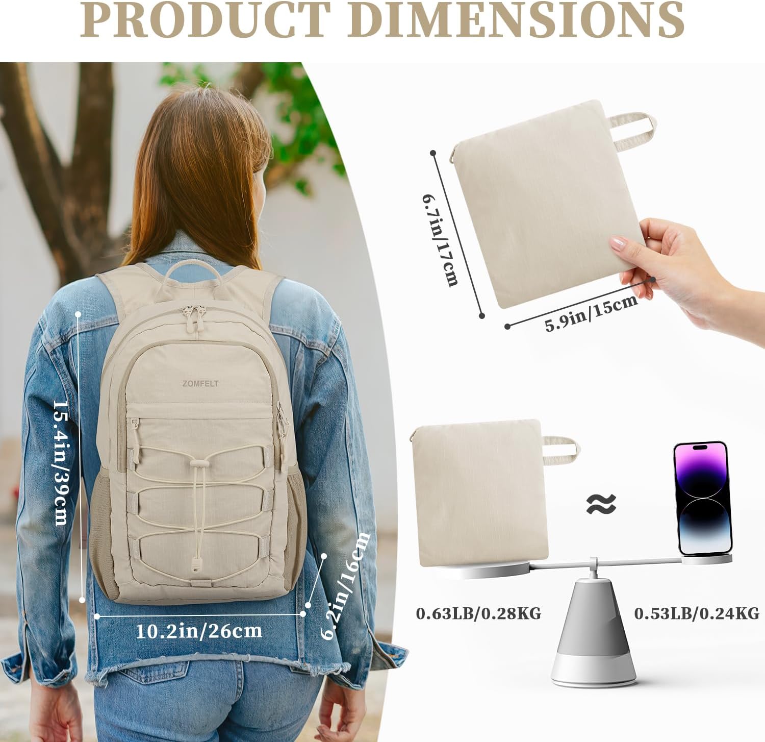 ZOMFELT Hiking Backpack for Women Men, 15L Lightweight Packable Backpack for Trip, Water Resistant Small Travel Backpacks, Foldable daypack for Hiking, Walking, Cycling, Camping, Beige