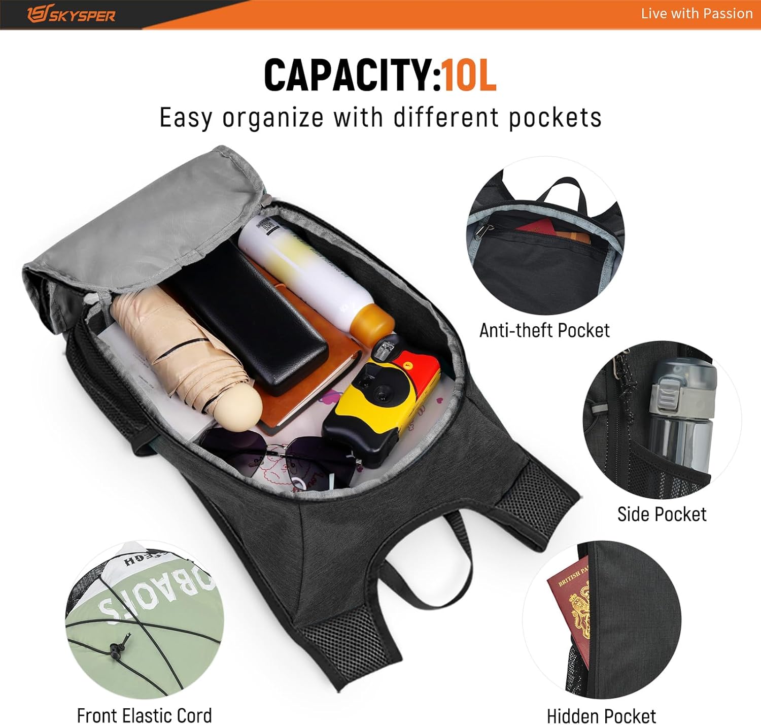 SKYSPER Foldable Hiking Backpack - 10L/15L Small Lightweight Daypack Breathable Travel Backpacks