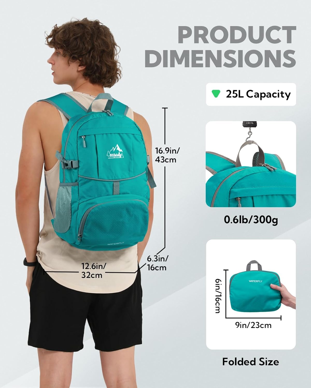 WATERFLY Hiking Packable Daypack Backpack: 25L Ultra Lightweight Day Pack for Woman Man - Small Compact Folding Back Pack for Outdoor Sport Cycling Camping Travel Trip - Turquoise