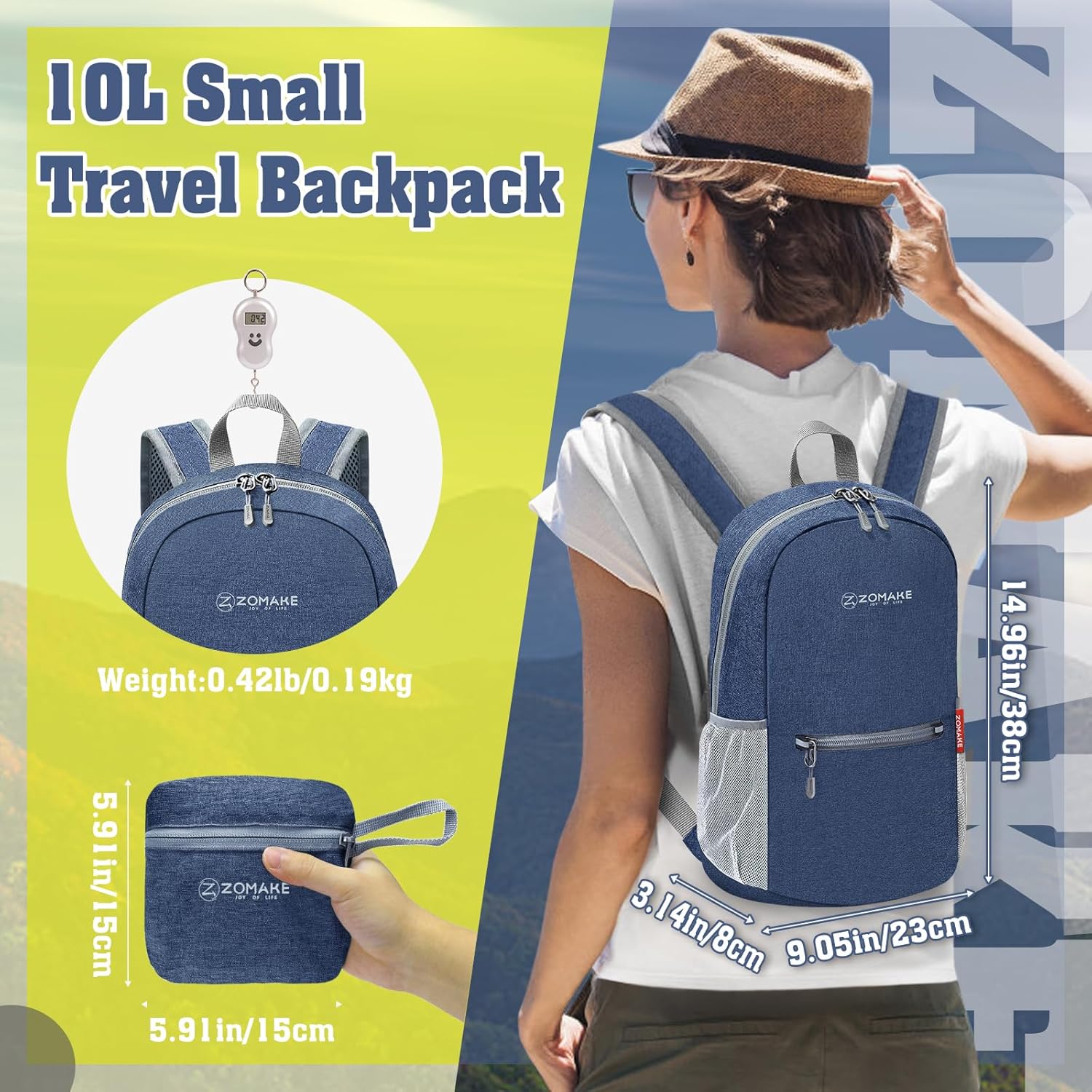 ZOMAKE 10L Lightweight Packable Hiking Backpack, Small Travel Hiking Daypack for Women Men Tear Resistant Foldable Day Pack for Camping Outdoor Sports(Navy Blue)