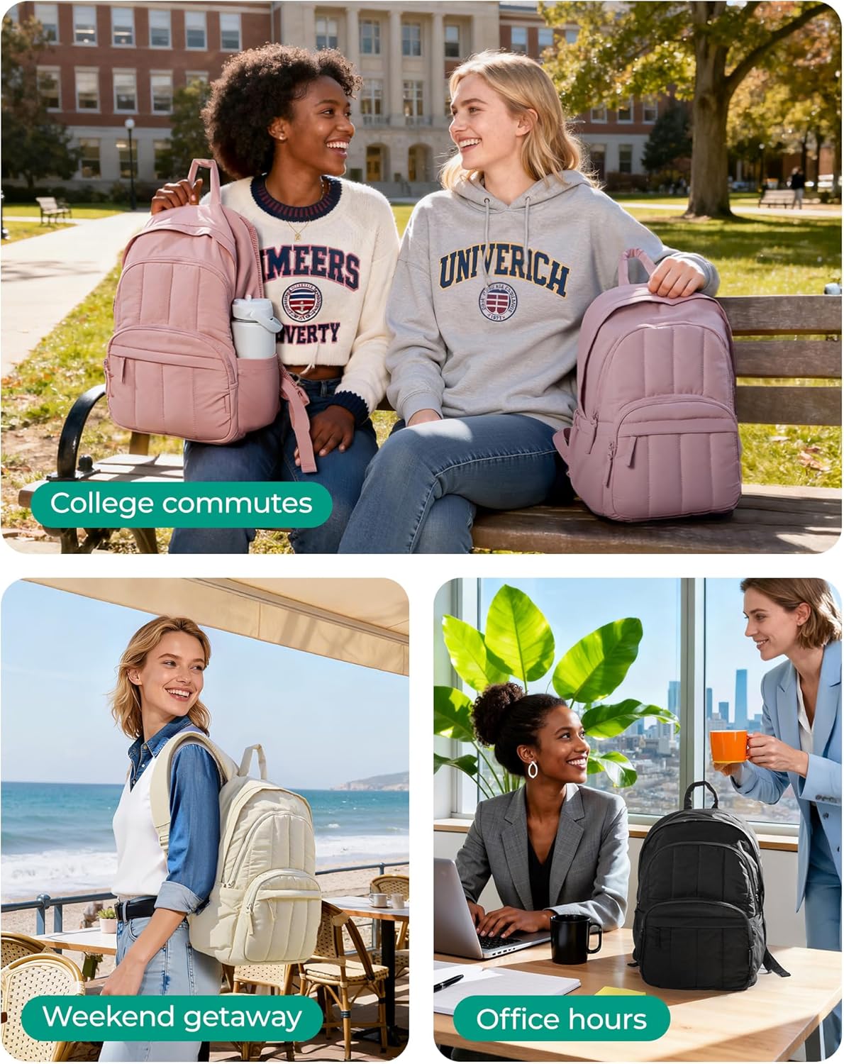 BAGSMAT Womens Backpack Travel Laptop Backpack for Women, Quilted College Laptop Bookbag, Work Back Pack for Women, Cute Computer Water-Resistant Casual Daypack, Puffer Black