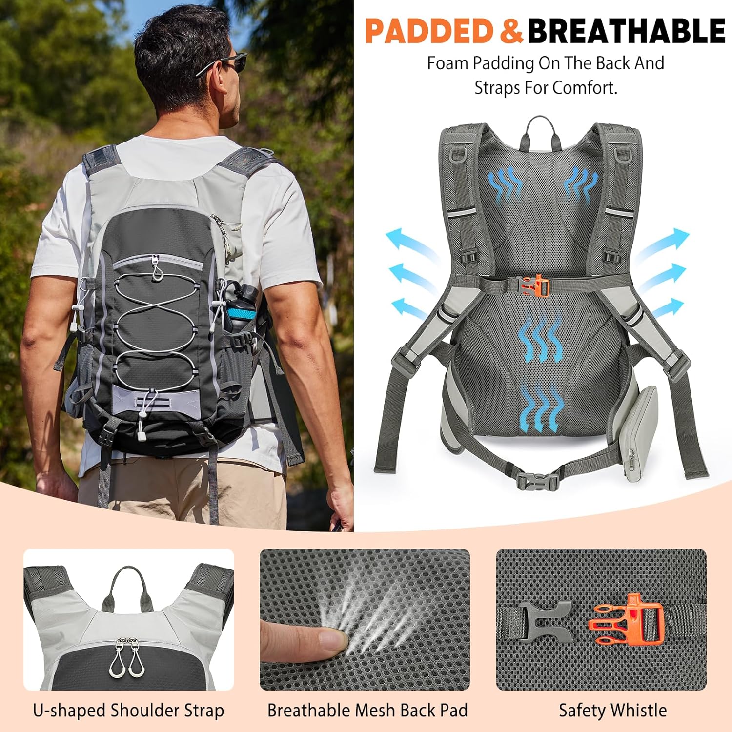 XUVPK 25L Hiking Backpack with Rain Cover Lightweight Hiking Daypack for Travel Camping Outdoors Knapsack for Men Women (Black)