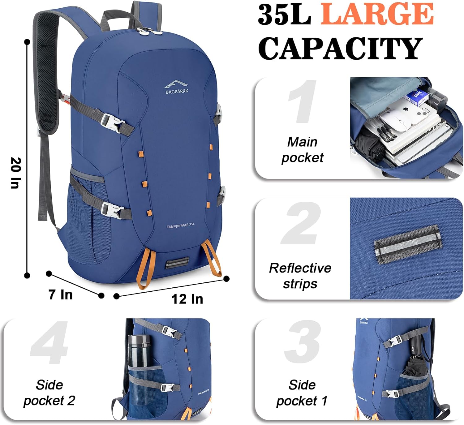 BAGPARKK Hiking Backpack,Large 35L Travel Backpacks for Men Women,Water Resistant Ultra Lightweight Foldable Packable Camping Daypack for Outdoor Sports