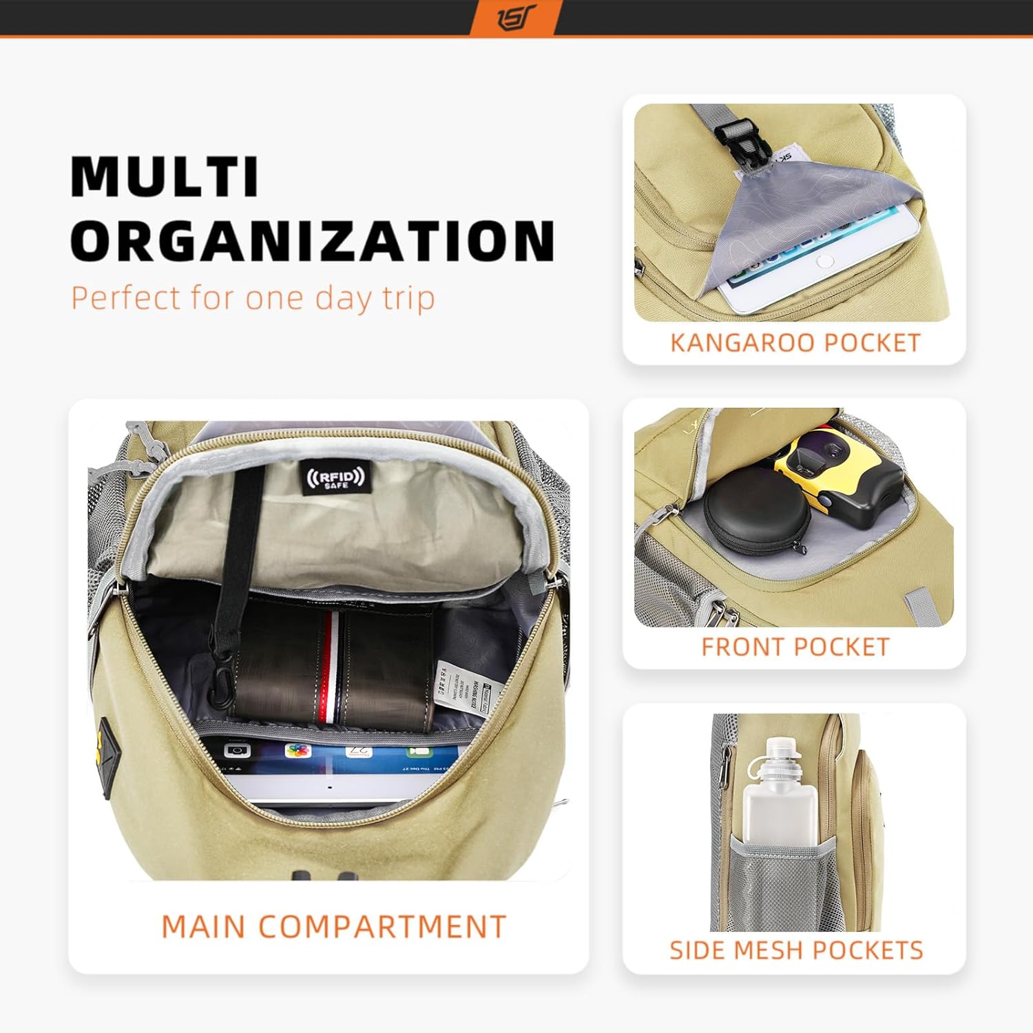 SKYSPER Sling Bag RFID Crossbody Sling Backpack Cross Body Shoulder Bag Travel Hiking Daypack for Women Men(Khaki)
