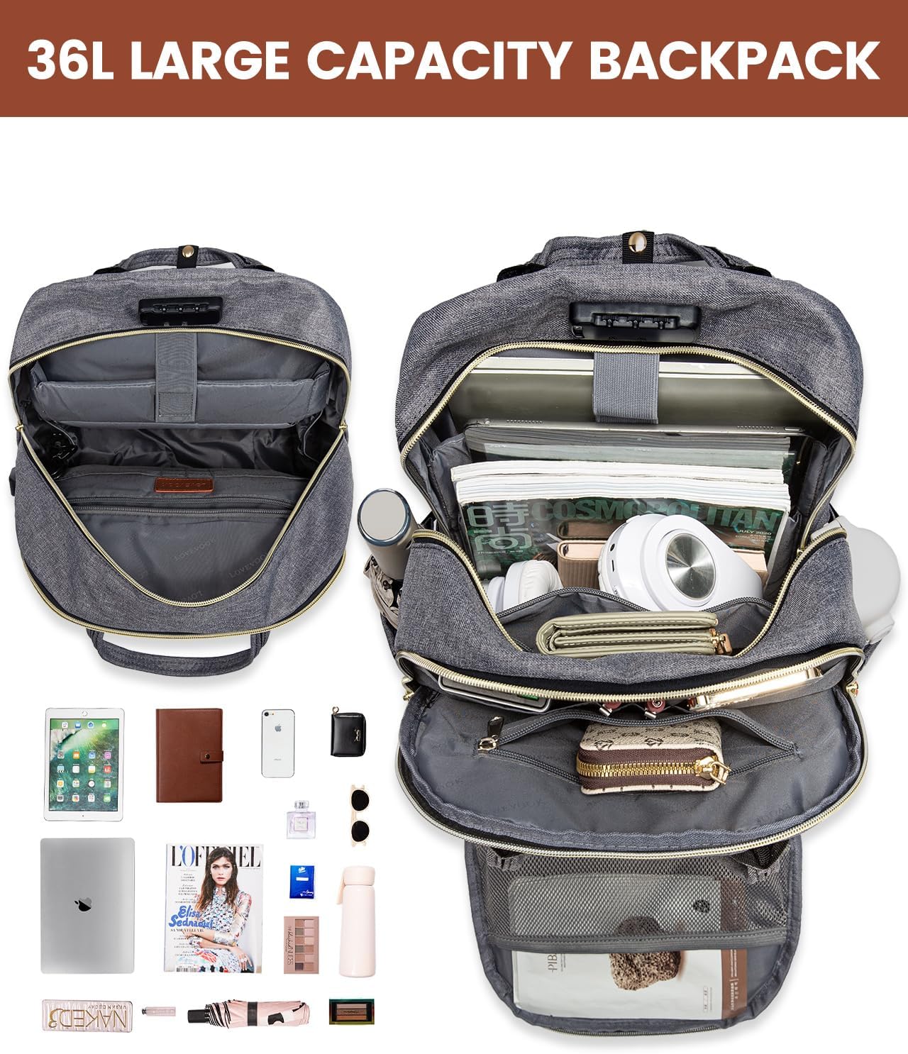 LOVEVOOK Laptop Backpack for Women, Unisex Large Capacity Travel Anti-theft Bag, Business Work Computer Backpacks Purse College Bag for Men, Casual Hiking Daypack, 17 Inch, Grey