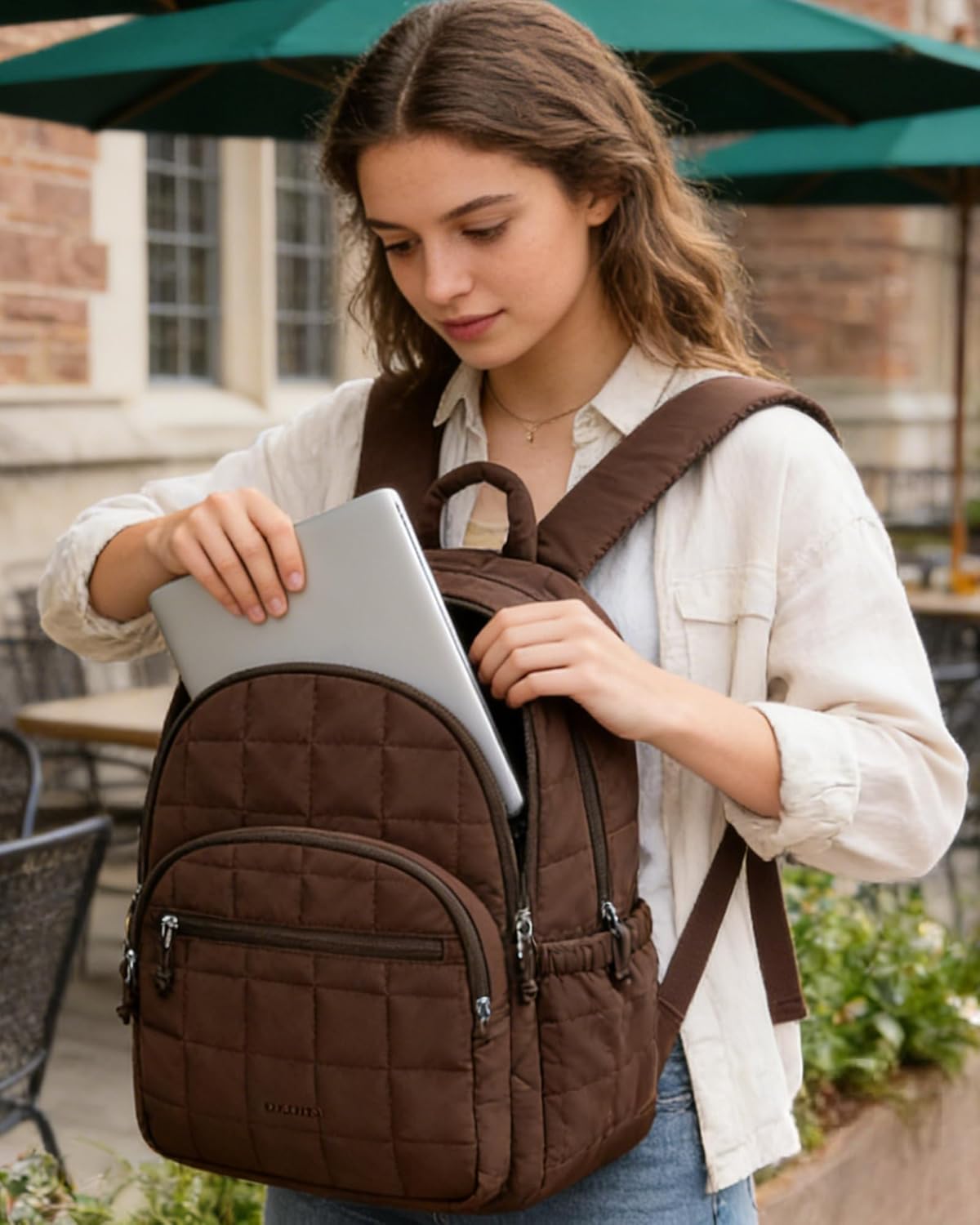 BAGSMART College Laptop Backpack, Travel Backpack for Women, Quilted Casual Daypack, Water-Resistant Bookbag for 15.6 Inch Laptop, Chocolate