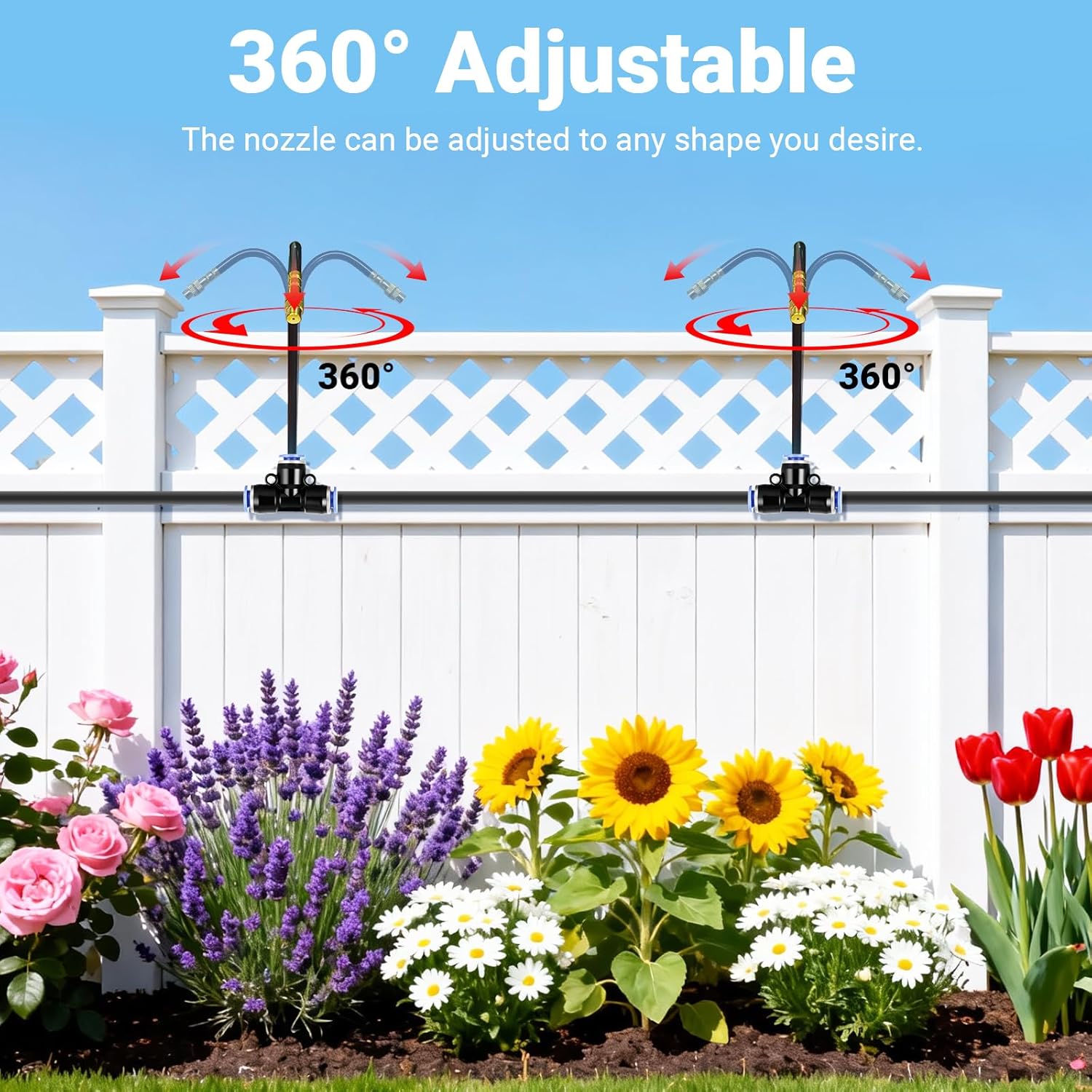 100FT 360° Adjustable Drip Irrigation Kit – 1/4" Tubing with 18 Nozzles, Full-Circle Spray for Greenhouse, Vegetable Garden & Potted Plants, Water-Saving DIY Irrigation System