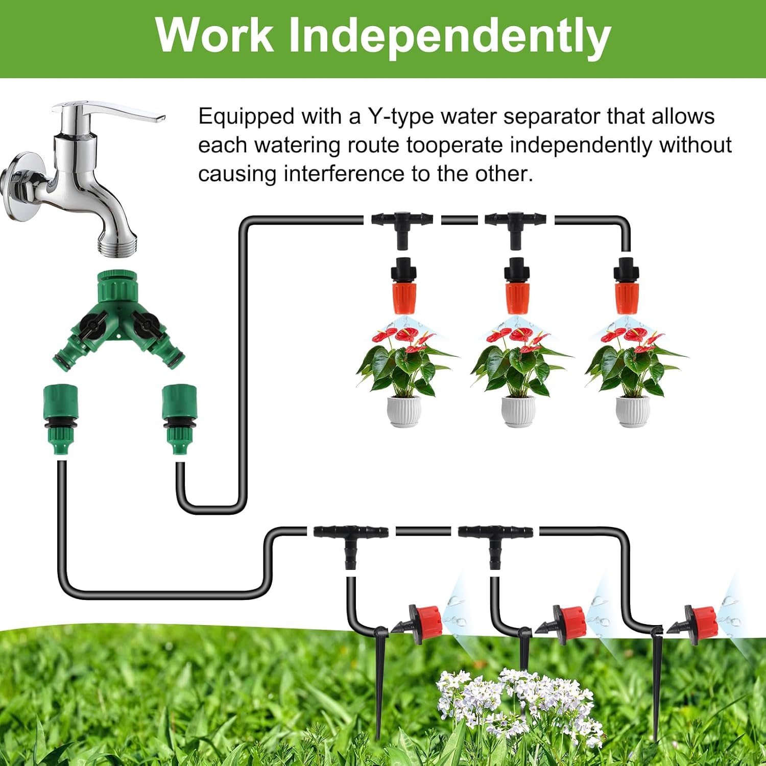 Alternative view of 98FT Drip Irrigation System, Micro Garden Drip Irrigation System with 1/4 inch Tubing & Adjustable Misting Nozzle Sprinkler, Automatic Watering System for Greenhouse, Yard, Lawn, Plant