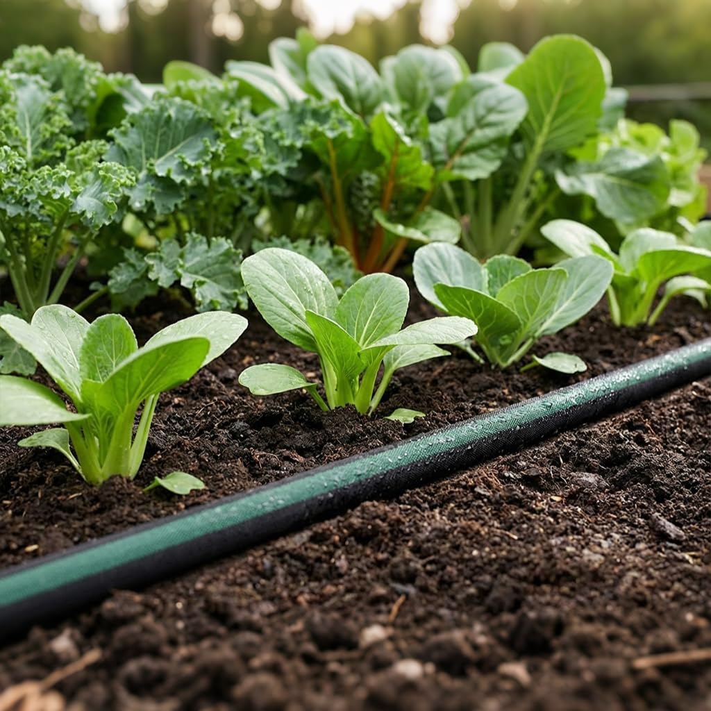 Flat Soaker Hose 25ft for Garden // Drip Hose for Garden Beds, Lawns and Trees // Heavy Duty Leakproof Design with Quick Connect // Linkable Irrigation System for Vegetables and Flowers