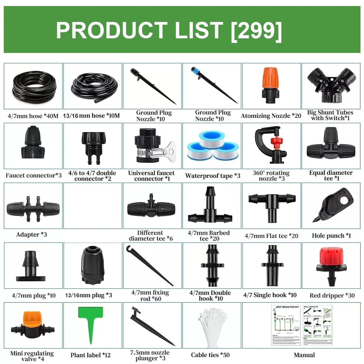 Drip Irrigation System Kit for Garden: 299CPS Automatic Drip Irrigation Kits Greenhouse Plant Watering System with 5 Kinds of Sprayers,1/4 inch 1/2 inch Irrigation Tubing Hose for Raised Bed
