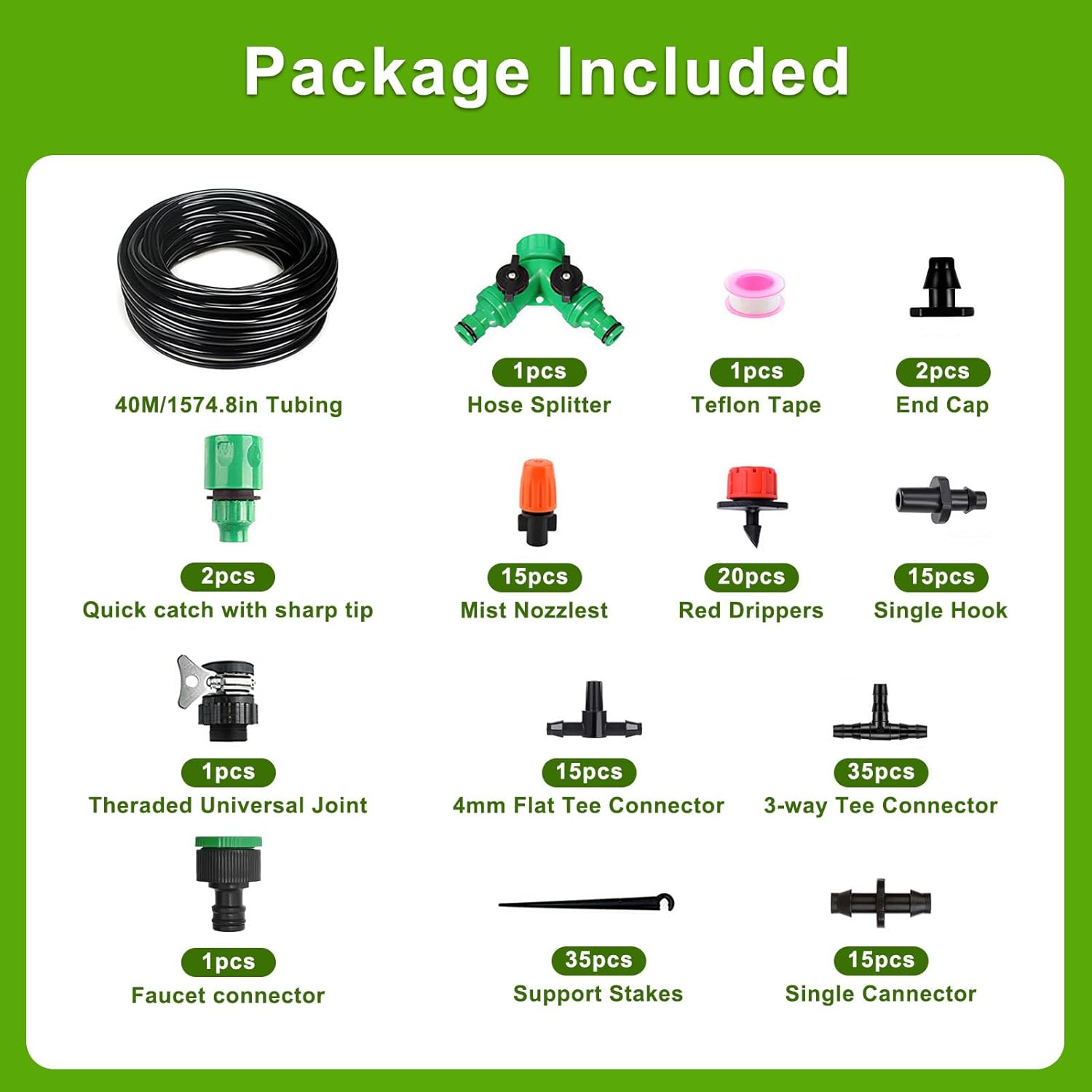 Drip Irrigation Kit 131FT 158PCS with 1/4" Black Distribution Tubing, Automatic Watering System for Garden, Greenhouse, Patio, Flower Bed, Lawn