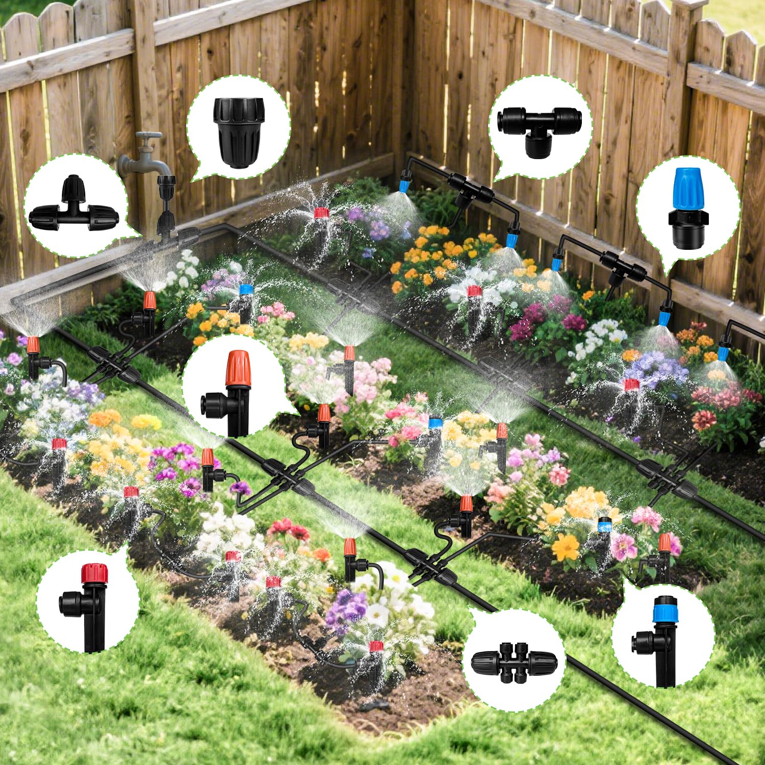 Alternative view of TJJFMM 230FT Drip Irrigation System for Garden with 40 Nozzles & Emitters, Garden Watering System with 1/2" & 1/4" Tube and Barbed Fittings - Adjustable Sprinklers Kit for Greenhouse, Lawn, Raised Bed