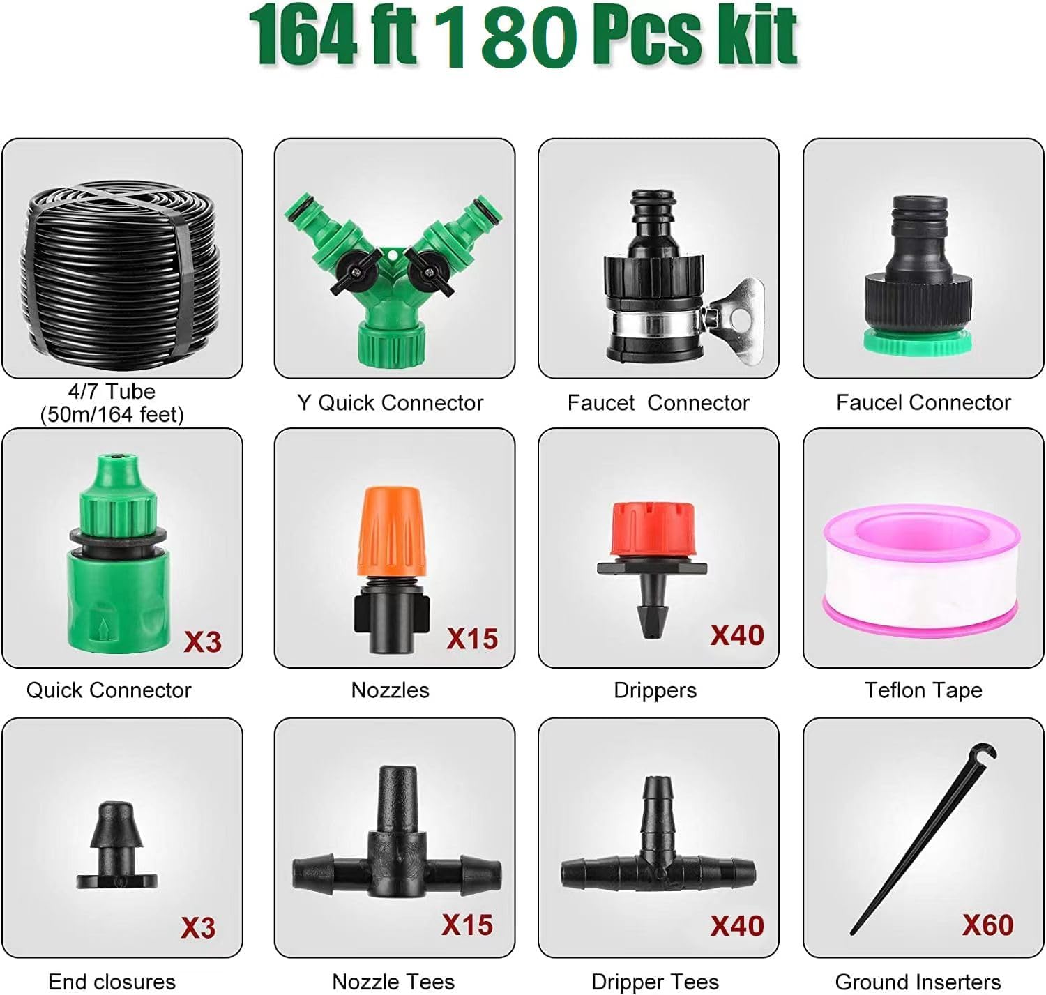 Drip Irrigation System, 180 Pcs 164FT Garden Irrigation System 1/4, Blank Distribution Tubing Watering Drip Kit Automatic Irrigation Equipment for Garden Greenhouse, Flower Bed,Patio,Lawn