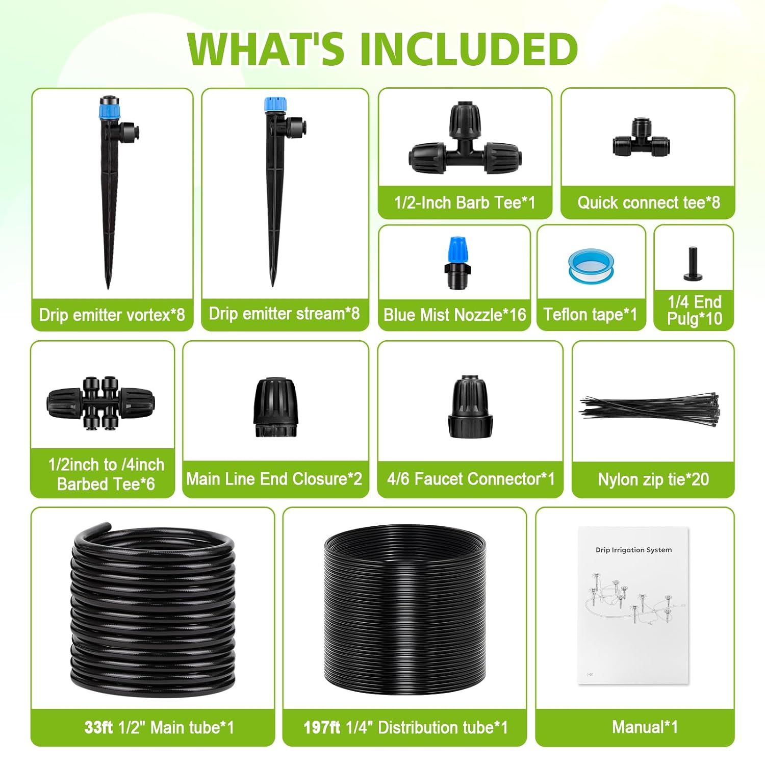 Kafuzi 230FT New Quick-Connect Drip Irrigation System Kit, Automatic Garden Watering Misting System for Greenhouse, Yard, Lawn, Plant with 1/2 inch Hose 1/4 inch Distribution Tubing and Accessories