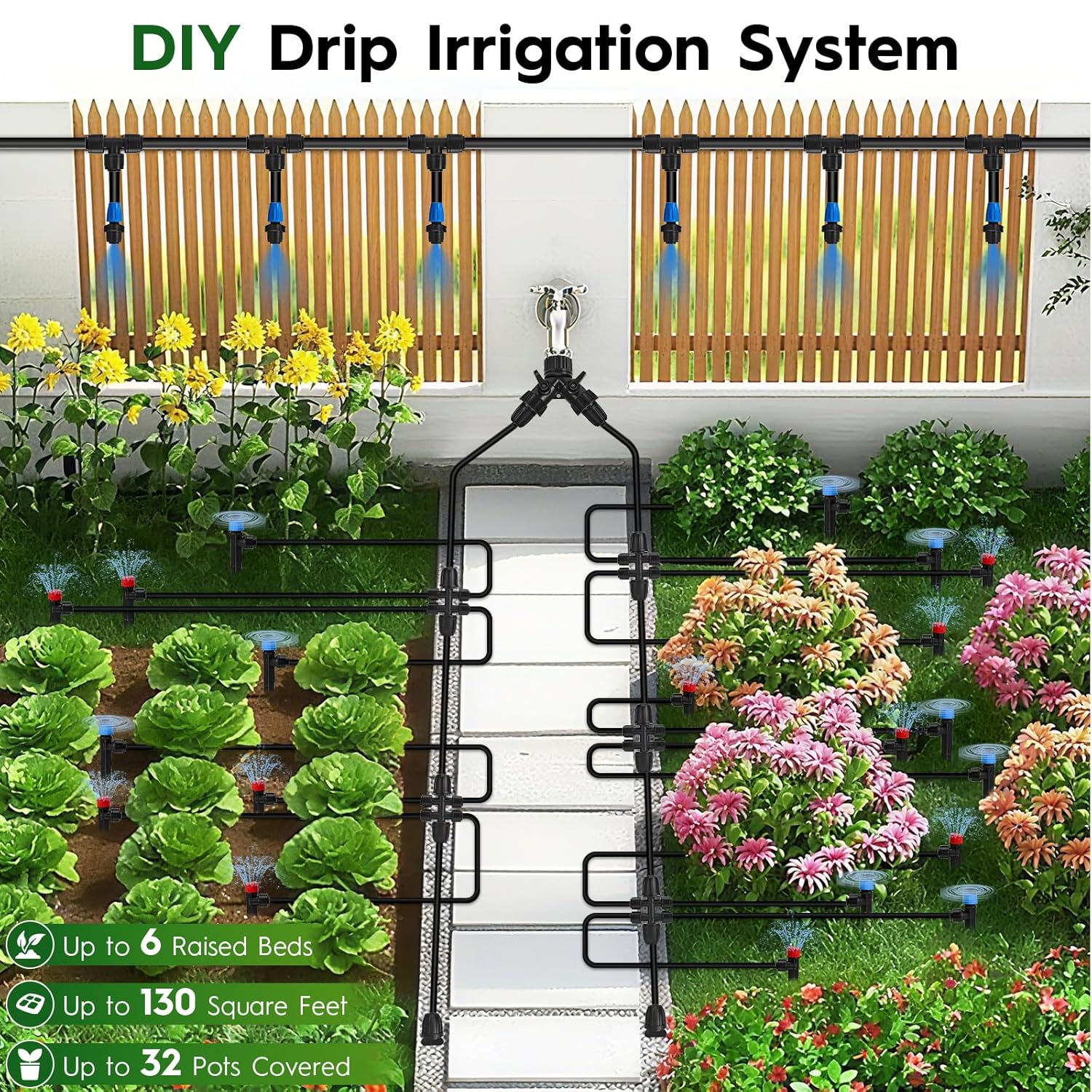 Alternative view of 200 FT Quick-Connect Drip Irrigation System Kit, Automatic Garden Watering Misting System for Greenhouse, Lawn, Flower Bed with Irrigation Tubing, Hose Splitter 2 Way, Adjustable Drip Emitters