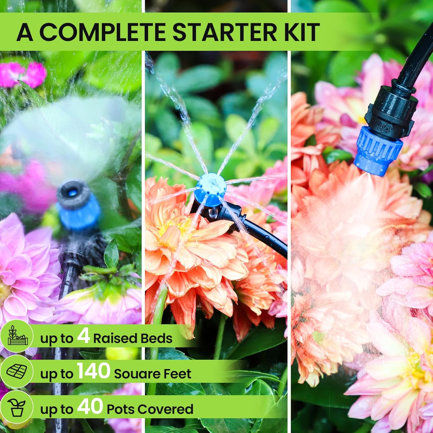 Bonviee Drip Irrigation System, 230FT Garden Watering System with Quick-to-Connect Fittings, Adjustable Drip Emitters, 1/4u201D & 5/16u201D Tubing, Drip Irrigation Kit for Raised Garden Beds, Greenhouse, Lawn