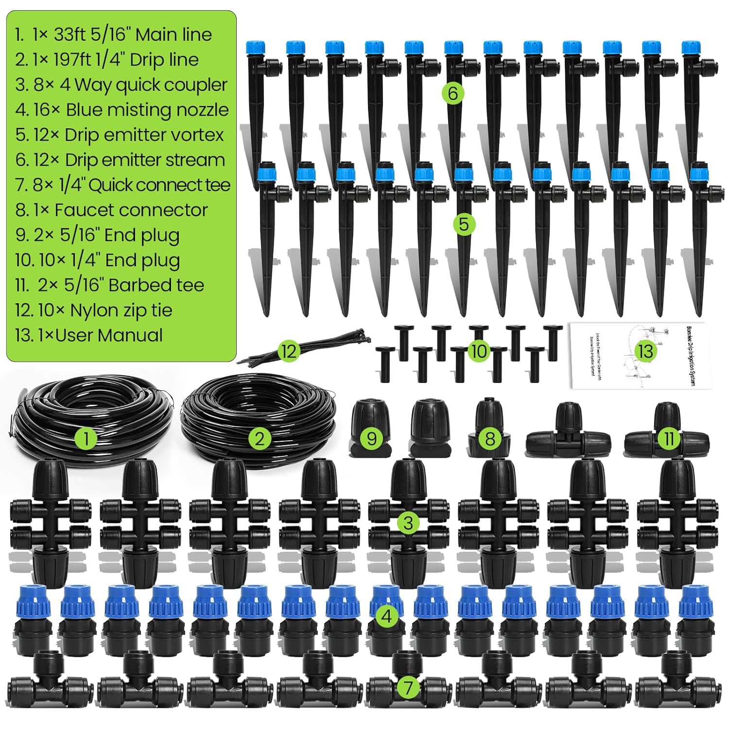 Bonviee Drip Irrigation System, 230FT Garden Watering System with Quick-to-Connect Fittings, Adjustable Drip Emitters, 1/4u201D & 5/16u201D Tubing, Drip Irrigation Kit for Raised Garden Beds, Greenhouse, Lawn - Image 5