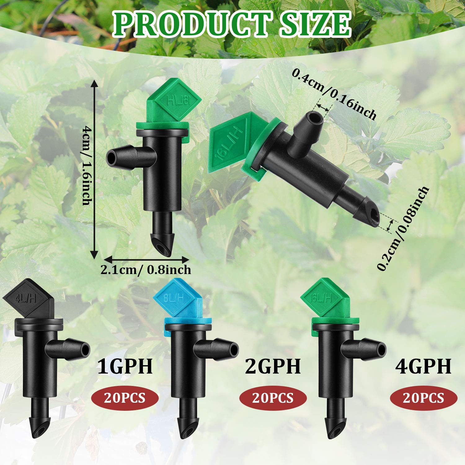 60 Pieces Drip Emitter Garden Flag Irrigation Dripper in 3 Sizes, Trees and Shrubs, 1 GPH, 2 GPH, 4 GPH