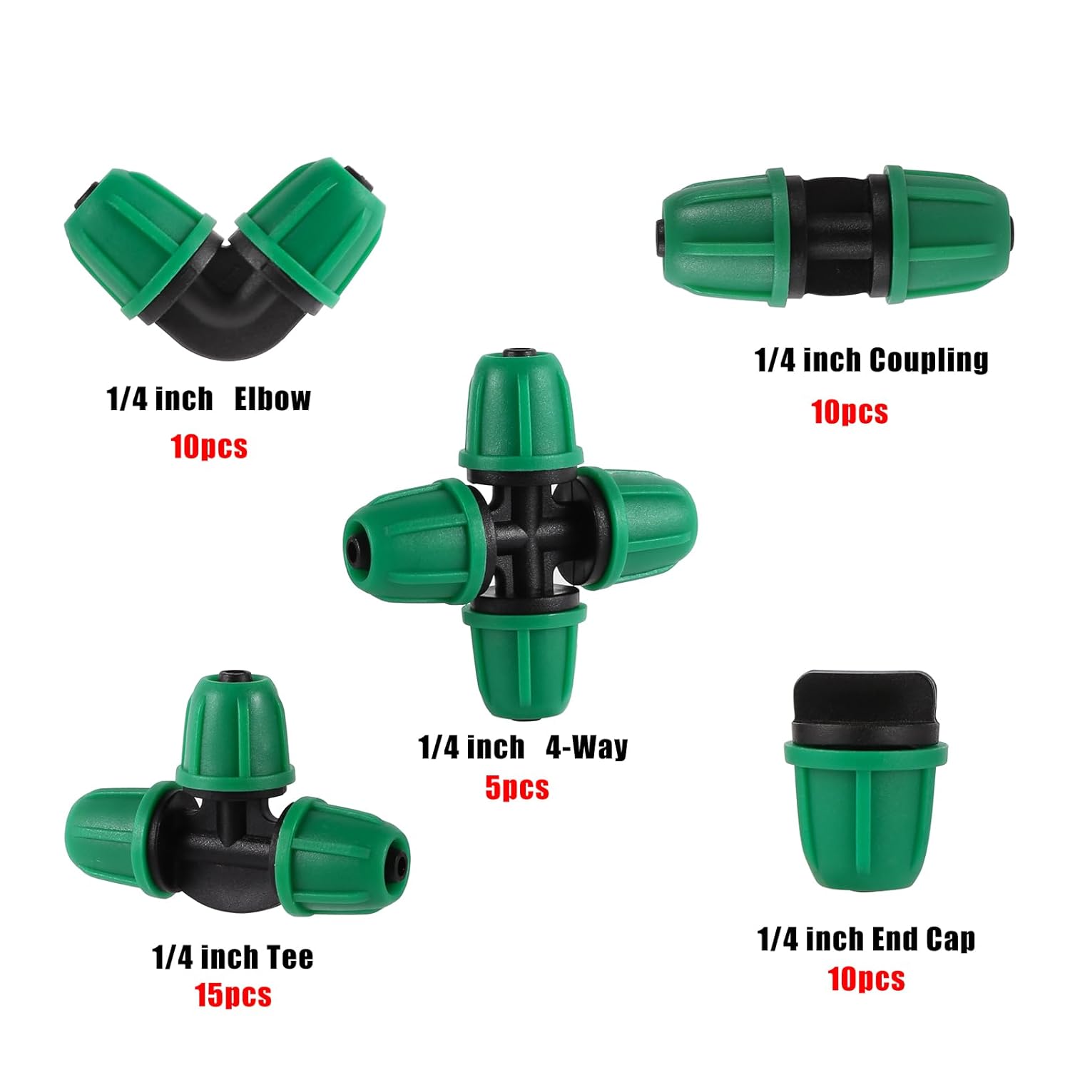 Alternative view of 50pc 1/4 inch Drip Irrigation Fittings,Included Lock Barbed Tee,2-Way Coupling,Elbow,4-Way Coupling,¼ End Plugs,Tubing Outside Diameter (OD) is 0.250" Internal Diamete(ID) is 0.170"(1/4 Fitting Kit)