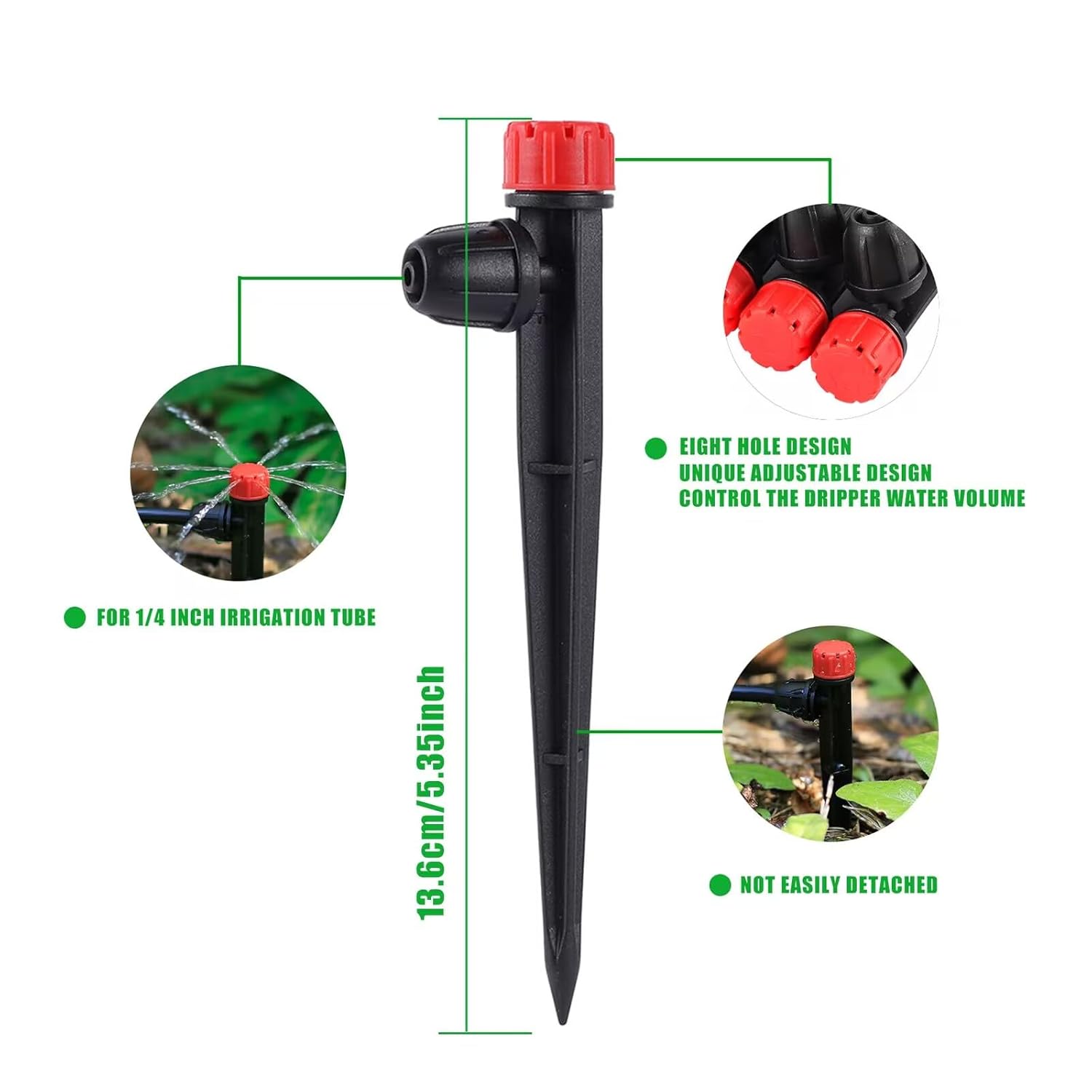 Alternative view of Drip Irrigation Emitters Adjustable 360 Degree Drip Emitters on 5" with Stake for 1/4" Drip Irrigation Tubing,Irrigation Drippers Ideal for (4-7mm) Garden House Watering System. (25pcs-Red Drip)