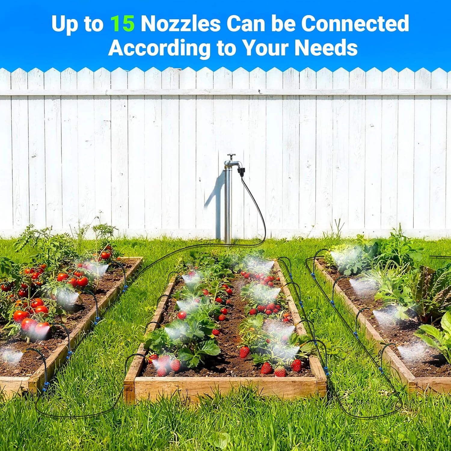 360° Adjustable Drip Irrigation System - 1/4" Tubing, 50FT Garden Watering Atomizing System with 15 Nozzles, Greenhouse Accessories for Yard, Lawn, Plants, Garden - Image 4