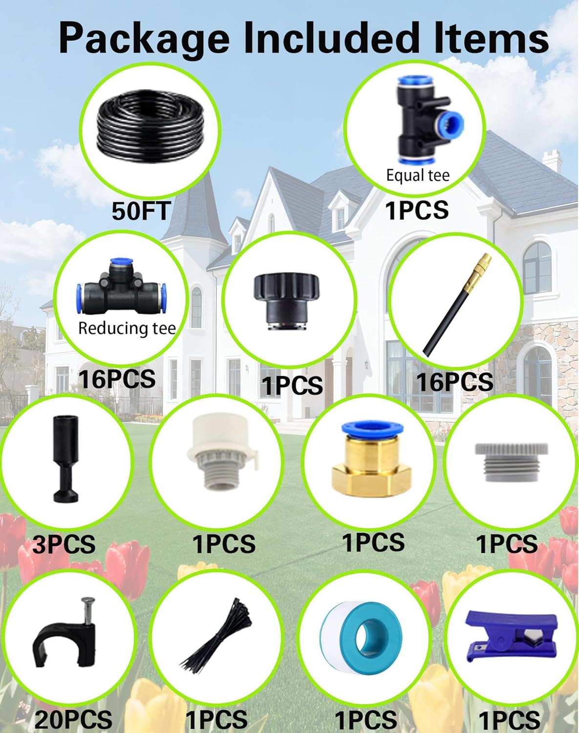 Drip Irrigation System, 360 Adjustable Mist Sprayer Nozzle, High Volume Water Flow Rotating Sprinkler Head for Garden,Patio,Potted Plants,Easy Install, Fine Misting to Jet Spray (50FT+16Nozzles)