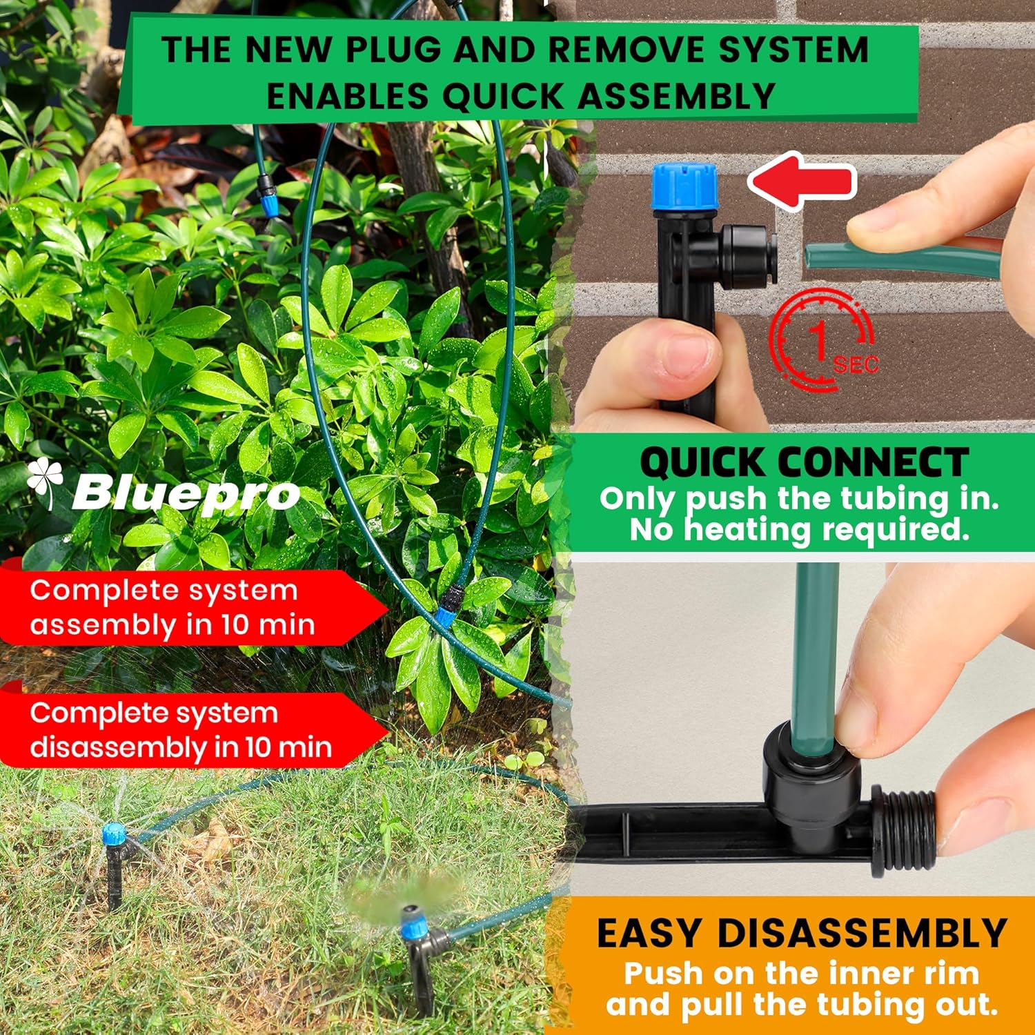 Bluepro 230FT Drip Irrigation System, Quick-Connect Automatic Garden Watering Misting System for Greenhouse, Yard, Lawn with 1/2 inch Hose, 1/4 inch Distribution Tubing, Drip Emitters, Connectors