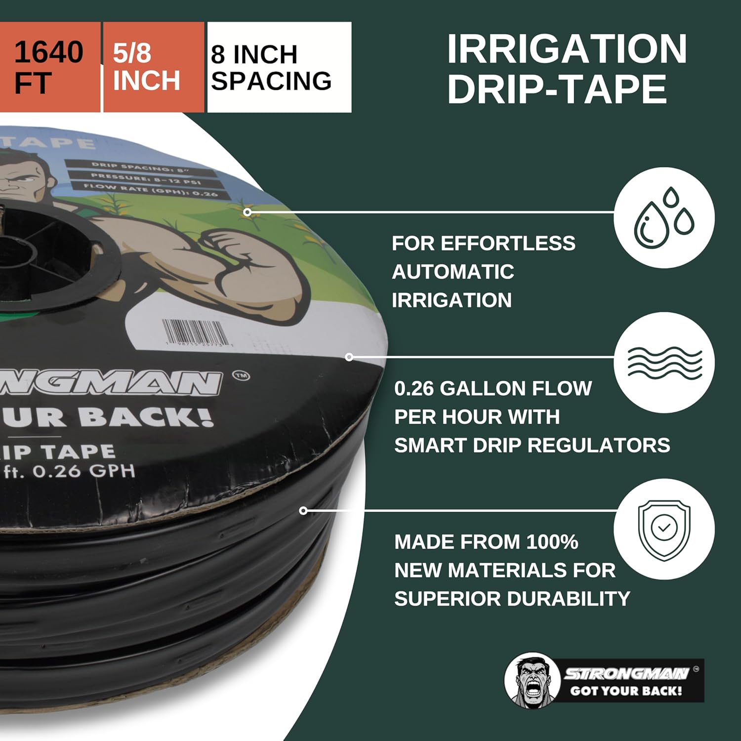 Strongman Premium Drip Irrigation | 1640 ft 5/8" Tape Roll | Smart Regulator | Garden Drip Watering System for Plants, Lawn, Greenhouse | 0.26 GPH | 0.4mm Thickness - Image 3