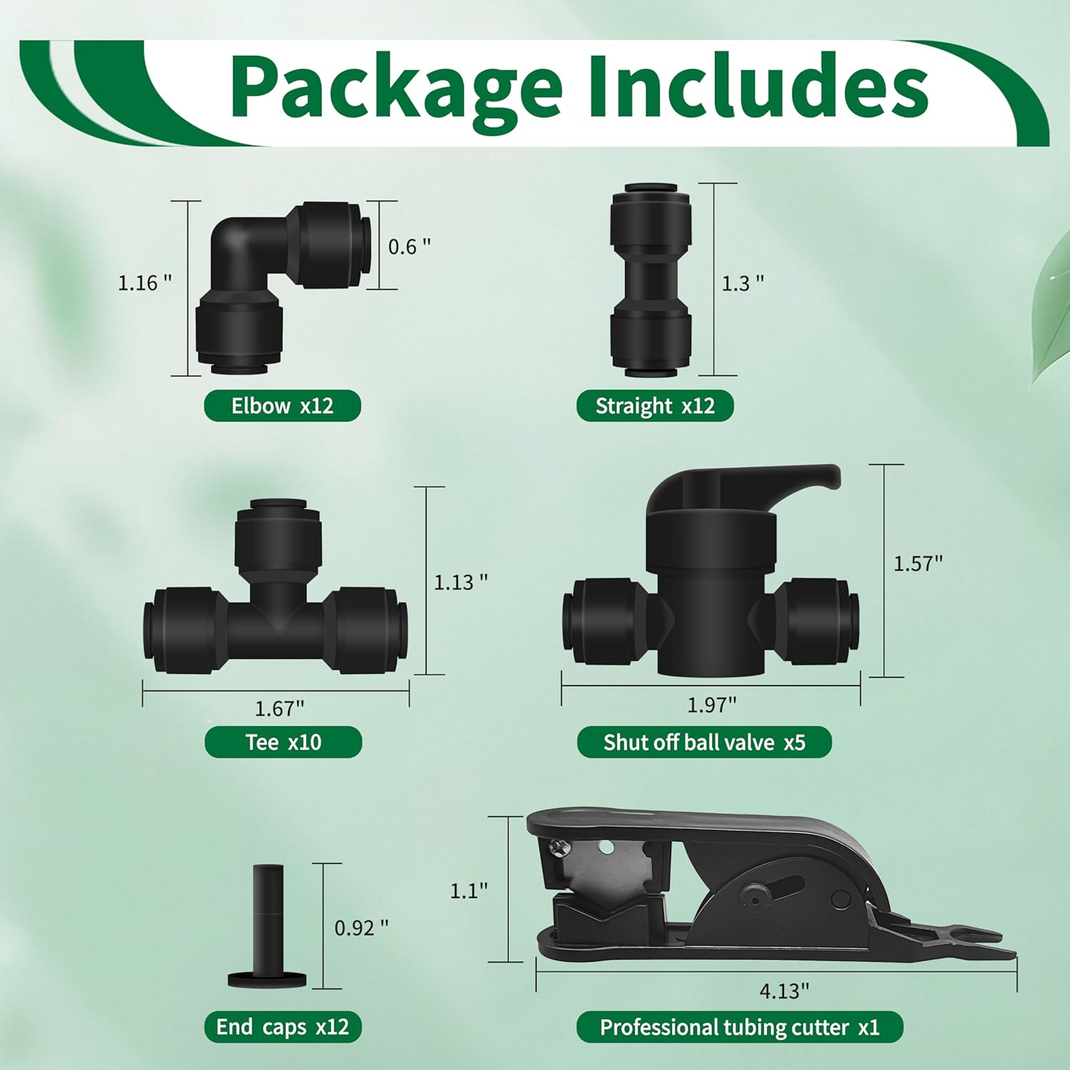 Sweezwon 52Pcs 1/4" Drip Irrigation Quick Connect Fittings Kit (12 Couplings, 10 Tees, 12 Elbows, 5 Shut Off Valves, 12 Plugs & Tubing Cutter), Drip Line Connectors for 1/4" Tubing