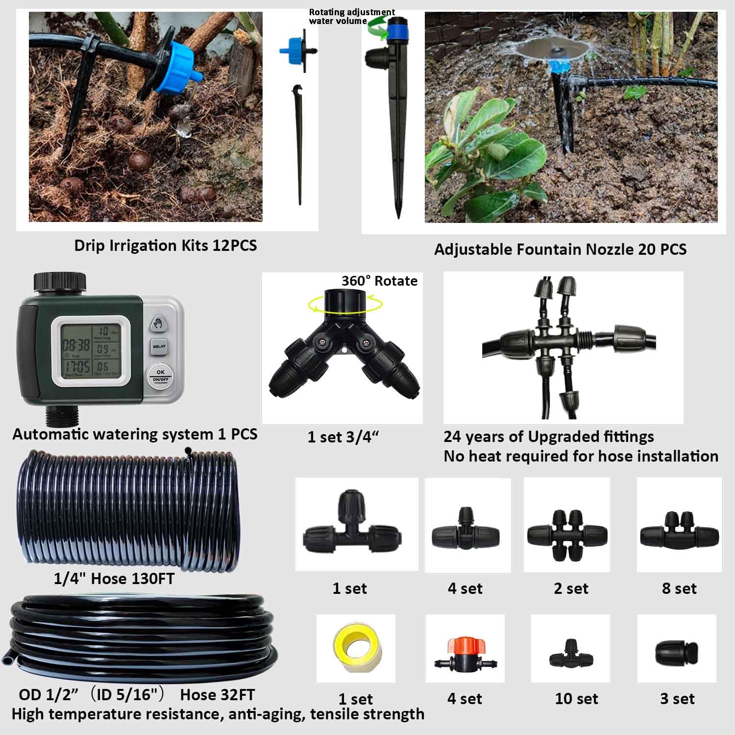 162ft Drip Irrigation Kit 5/16u201CID Main Hose and 1/4 Inch Pipe Drip Irrigation System with Water Timer Auto Watering System for Garden Adjustable Spray, for Greenhouse, Garden, Lawn, Potted Plants