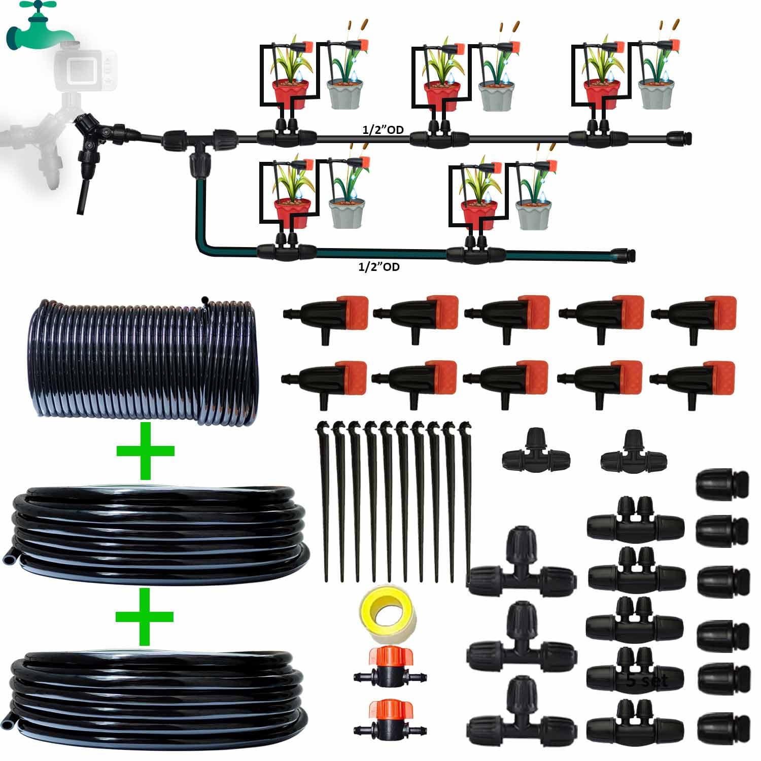 162ft Drip Irrigation Kit 5/16u201CID Main Hose and 1/4 Inch Pipe Drip Irrigation System with Water Timer Auto Watering System for Garden Adjustable Spray, for Greenhouse, Garden, Lawn, Potted Plants - Image 7