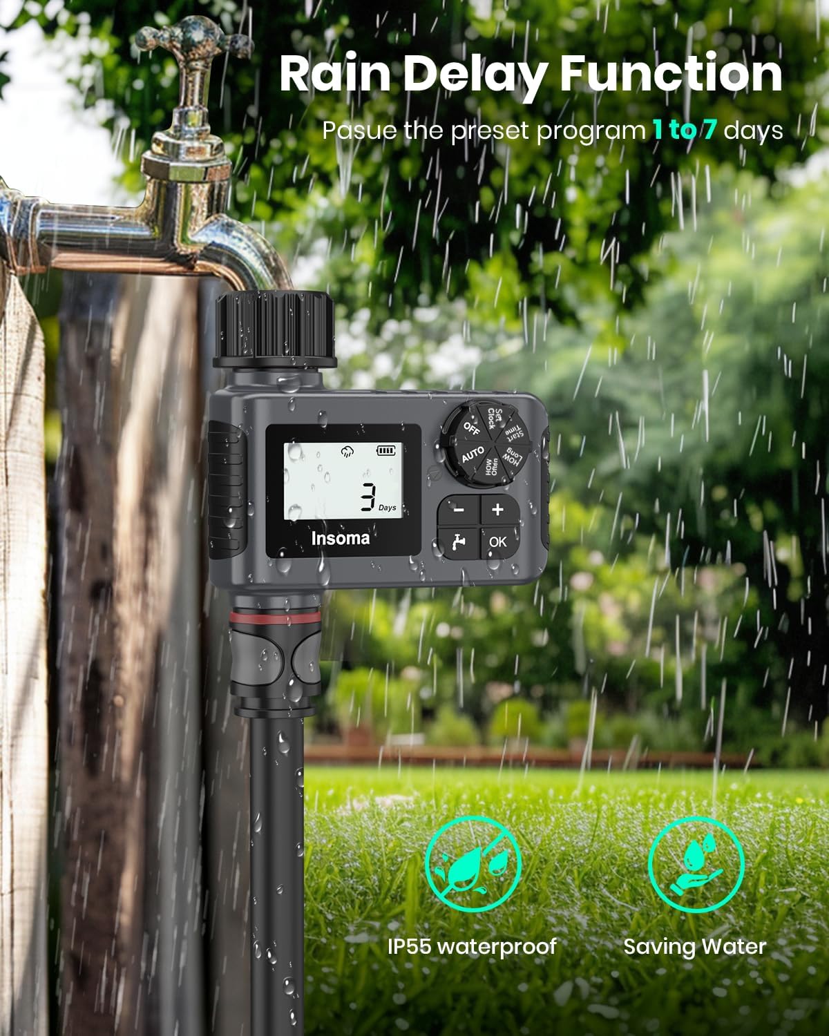 Insoma Outdoor Garden Hose Faucet Timers, Programmable Water Sprinkler Timer with Rain Delay/Manual/Automatic Drip Irrigation and Lawn Watering System for Yard, 1 Outlet - Image 4