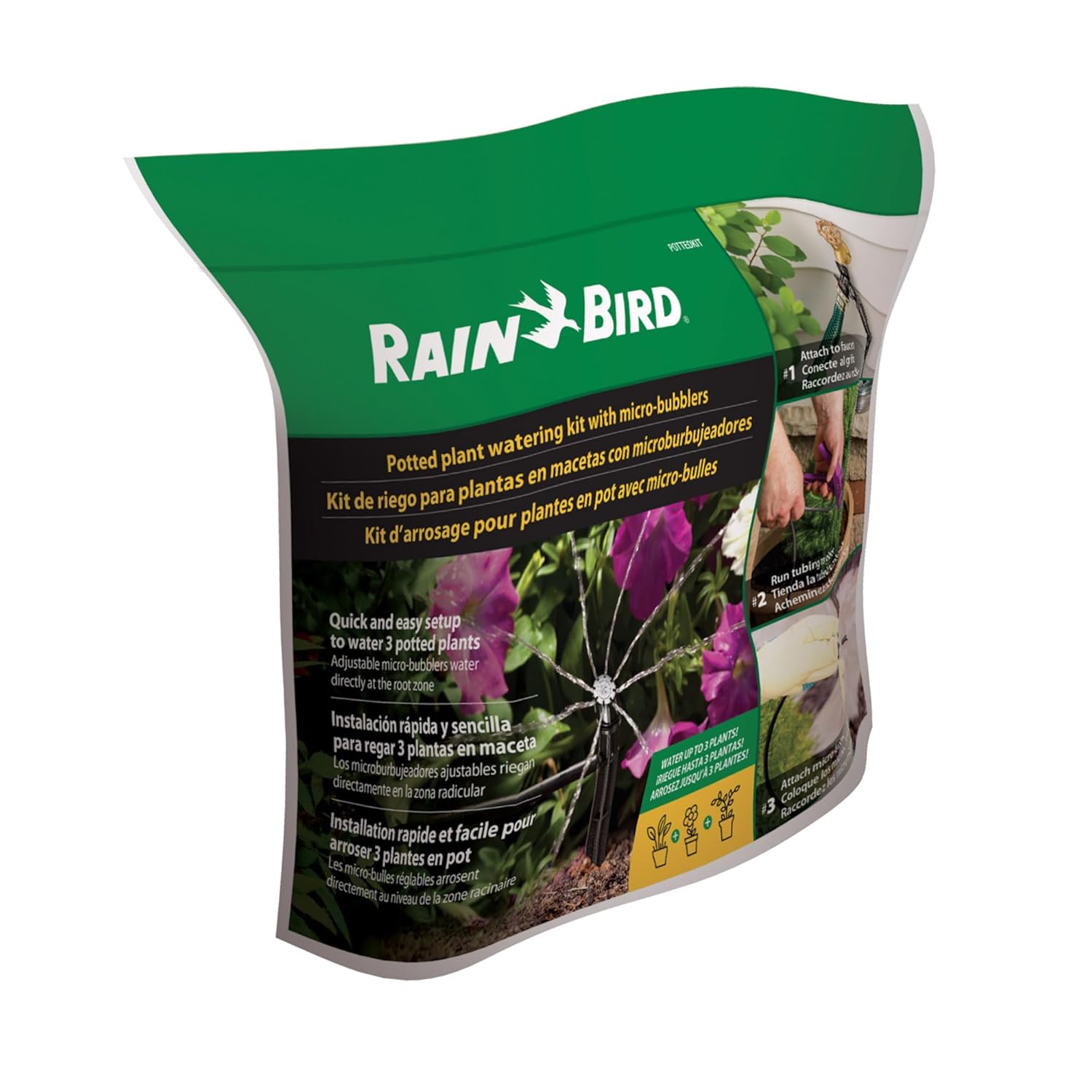 Alternative view of Rain Bird POTTEDKIT Drip Irrigation Container/Potted Plant Watering Kit, Connects to Faucet/Garden Hose, 1/4" Drip Tubing, 360° Micro Bubblers, T-Fittings and Pressure Regulator