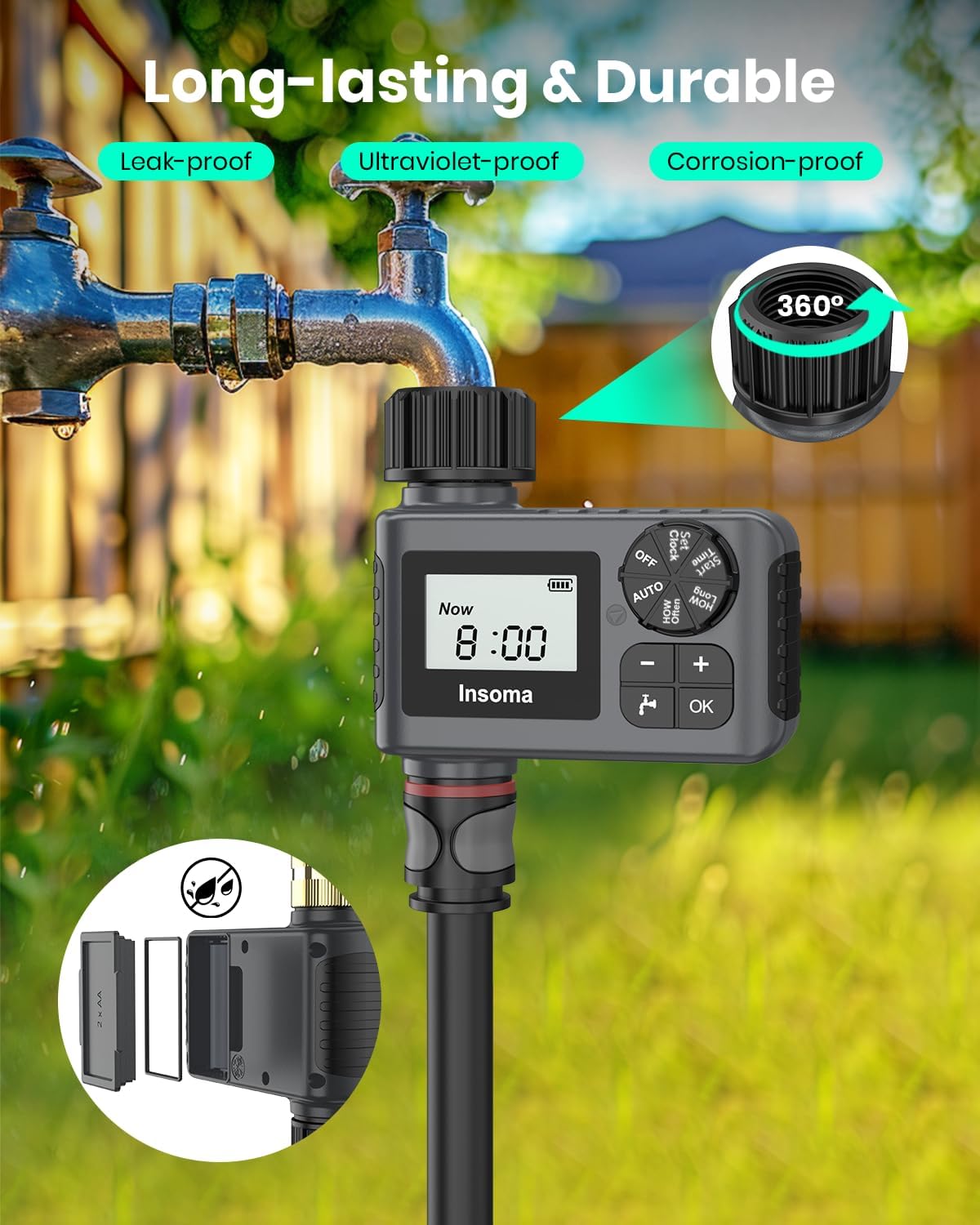 Insoma Outdoor Garden Hose Faucet Timers, Programmable Water Sprinkler Timer with Rain Delay/Manual/Automatic Drip Irrigation and Lawn Watering System for Yard, 1 Outlet - Image 5