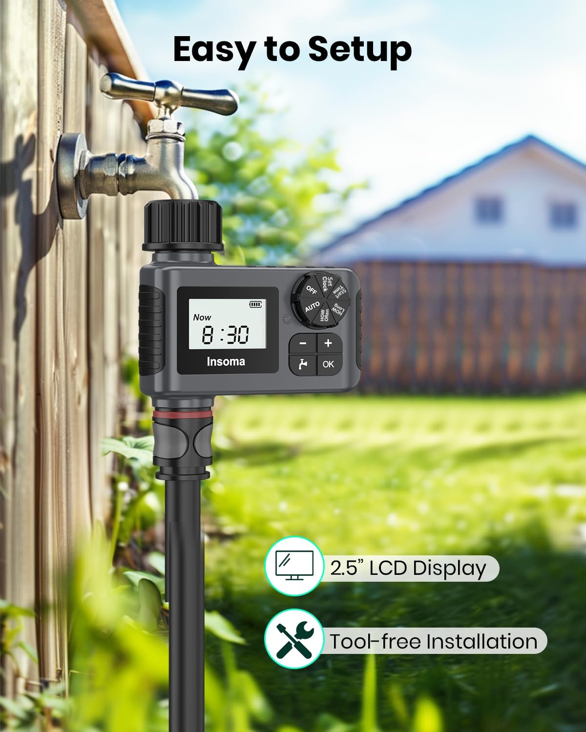 Insoma Outdoor Garden Hose Faucet Timers, Programmable Water Sprinkler Timer with Rain Delay/Manual/Automatic Drip Irrigation and Lawn Watering System for Yard, 1 Outlet - Image 6