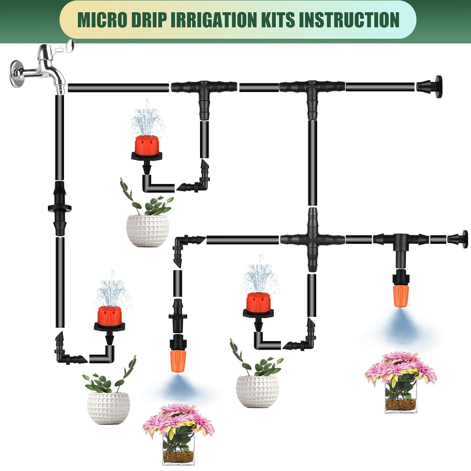 Alternative view of 300Pcs Drip Irrigation Fittings Kit for 1/4" Tubing, Drip Line Connectors for Drip Systems- Drip Emitters, Nozzles, Nozzle Tees, Single barbs, 4-Way Connectors, End Plugs, Elbows, Tees, Couplings
