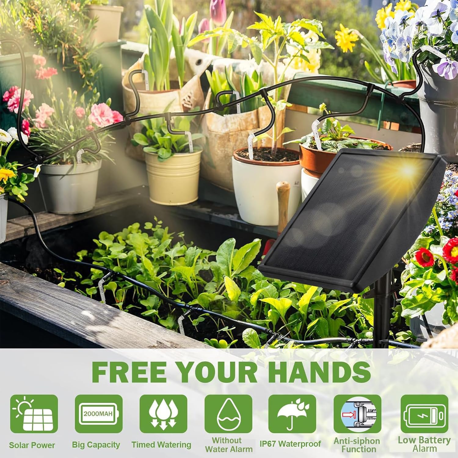 49FT Solar Drip Irrigation System - Auto Plant Watering Kit for 15 Pots with Anti-Siphoning Device - 750ml/min Flow Indoor Outdoor Garden Balcony & Patio Solar Powered Irrigation System - Image 3