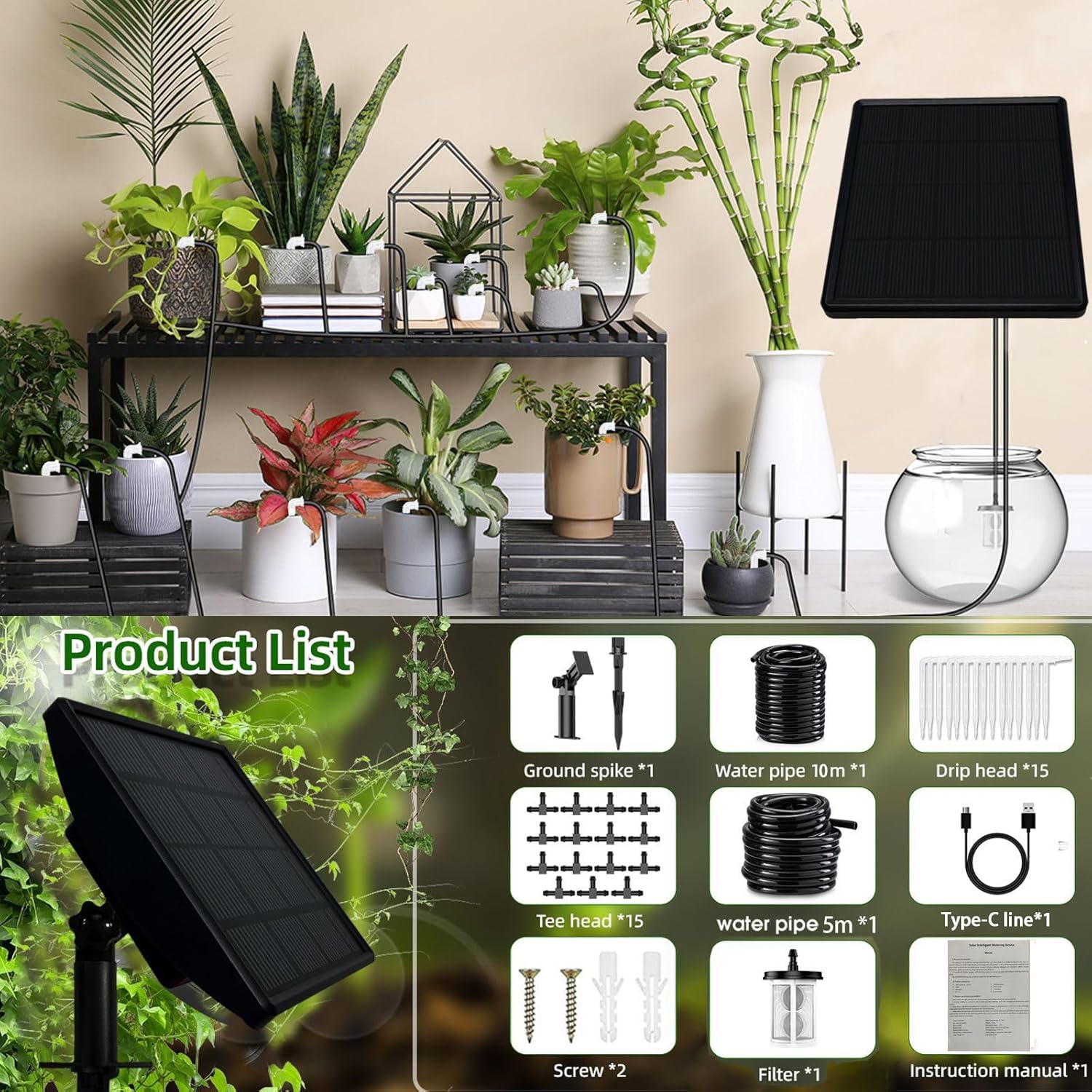 49FT Solar Drip Irrigation System - Auto Plant Watering Kit for 15 Pots with Anti-Siphoning Device - 750ml/min Flow Indoor Outdoor Garden Balcony & Patio Solar Powered Irrigation System - Image 4